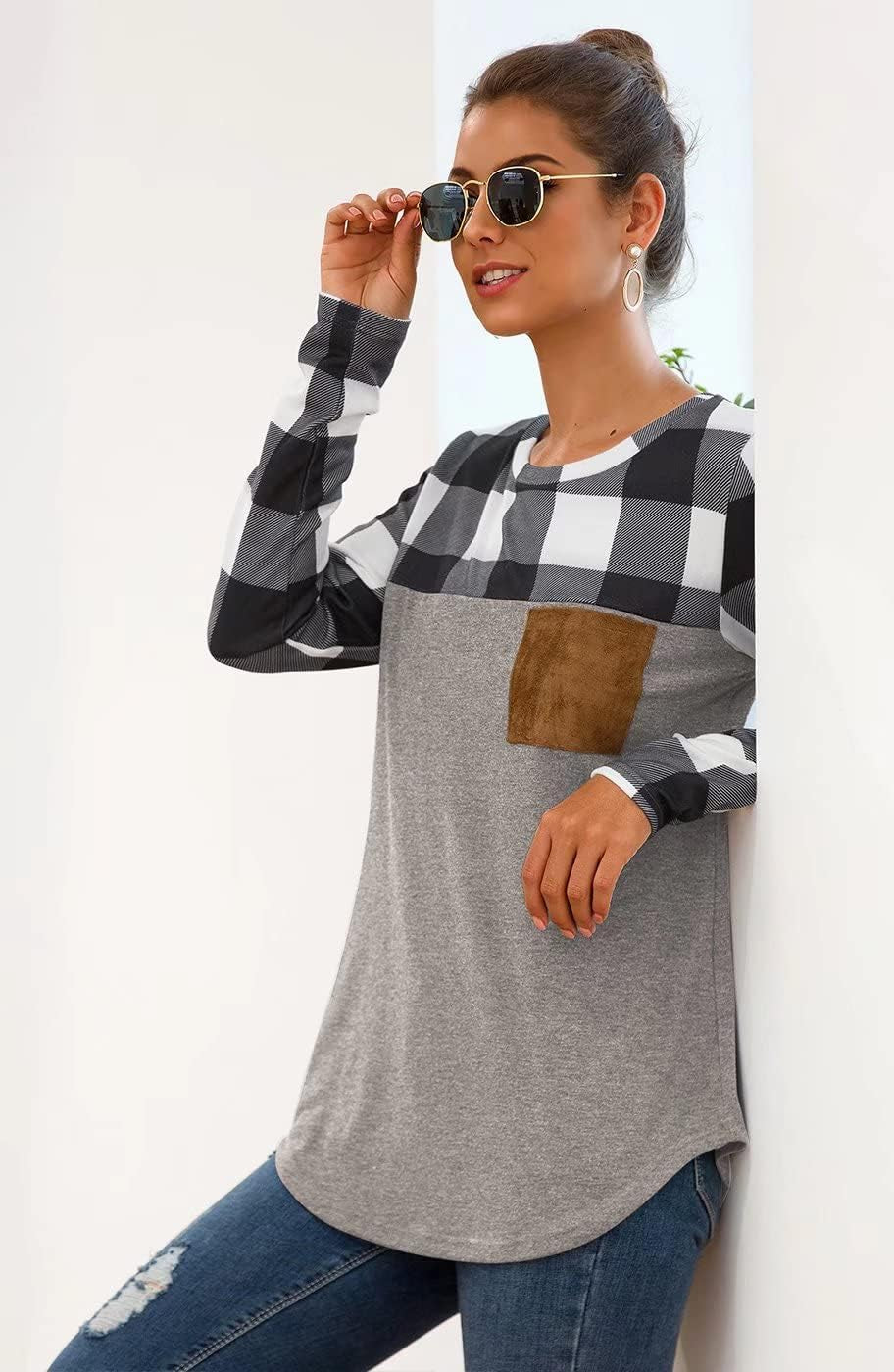 Womens Buffalo Plaid Neck Long Sleeve Patchwork Blouse Top Curve Hem Tunic