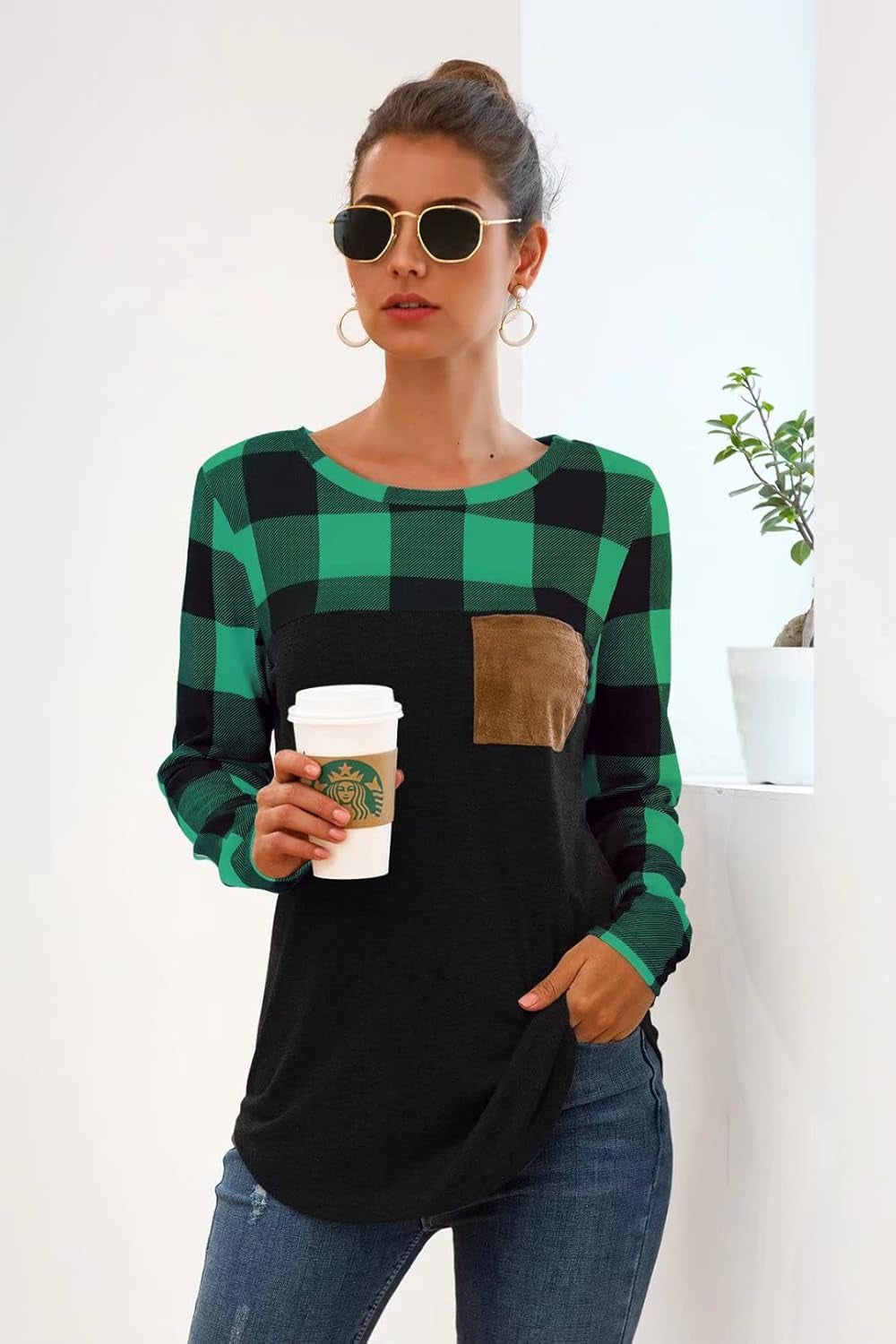 Womens Buffalo Plaid Neck Long Sleeve Patchwork Blouse Top Curve Hem Tunic