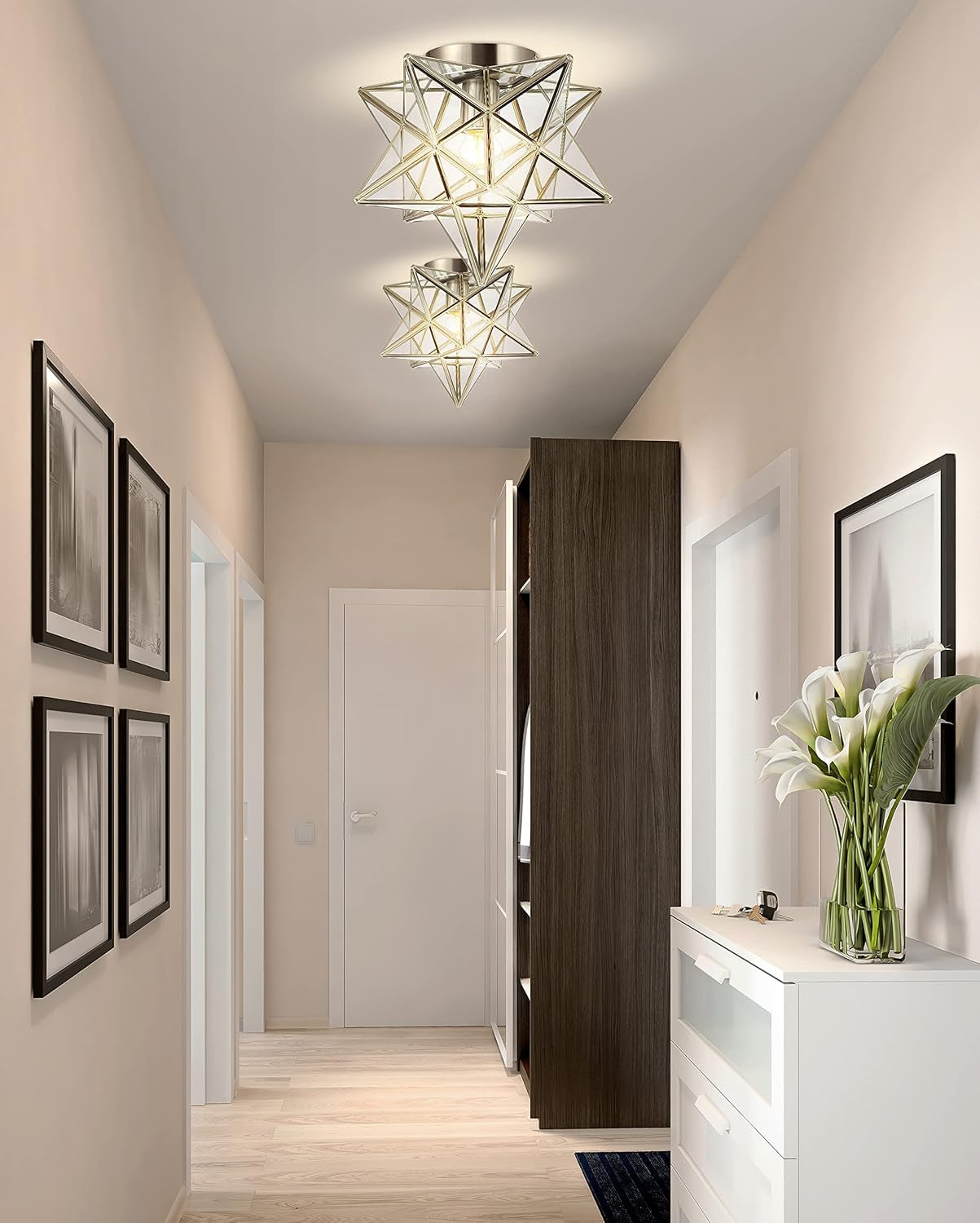 JYL9035E Stella 12" Moravian Star Metal/Glass LED Flush Mount, Contemporary, Transitional, Glam, Office, Living Room, Family Room, Dining Room, Kitchen, Bedroom, Hallway, Foyer, Nickel