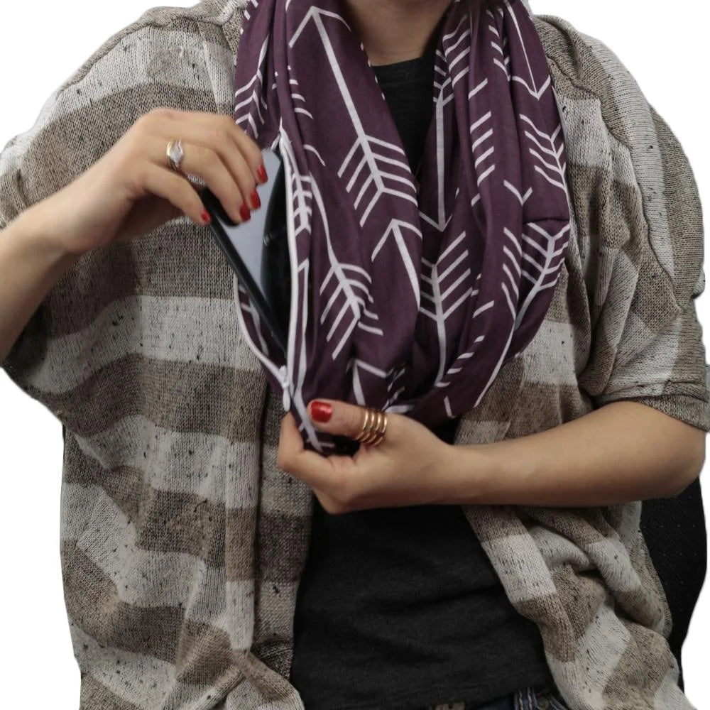 Women'S Infinity Scarf with Hidden Zipper Pocket & Pattern Print Arrow (Maroon)