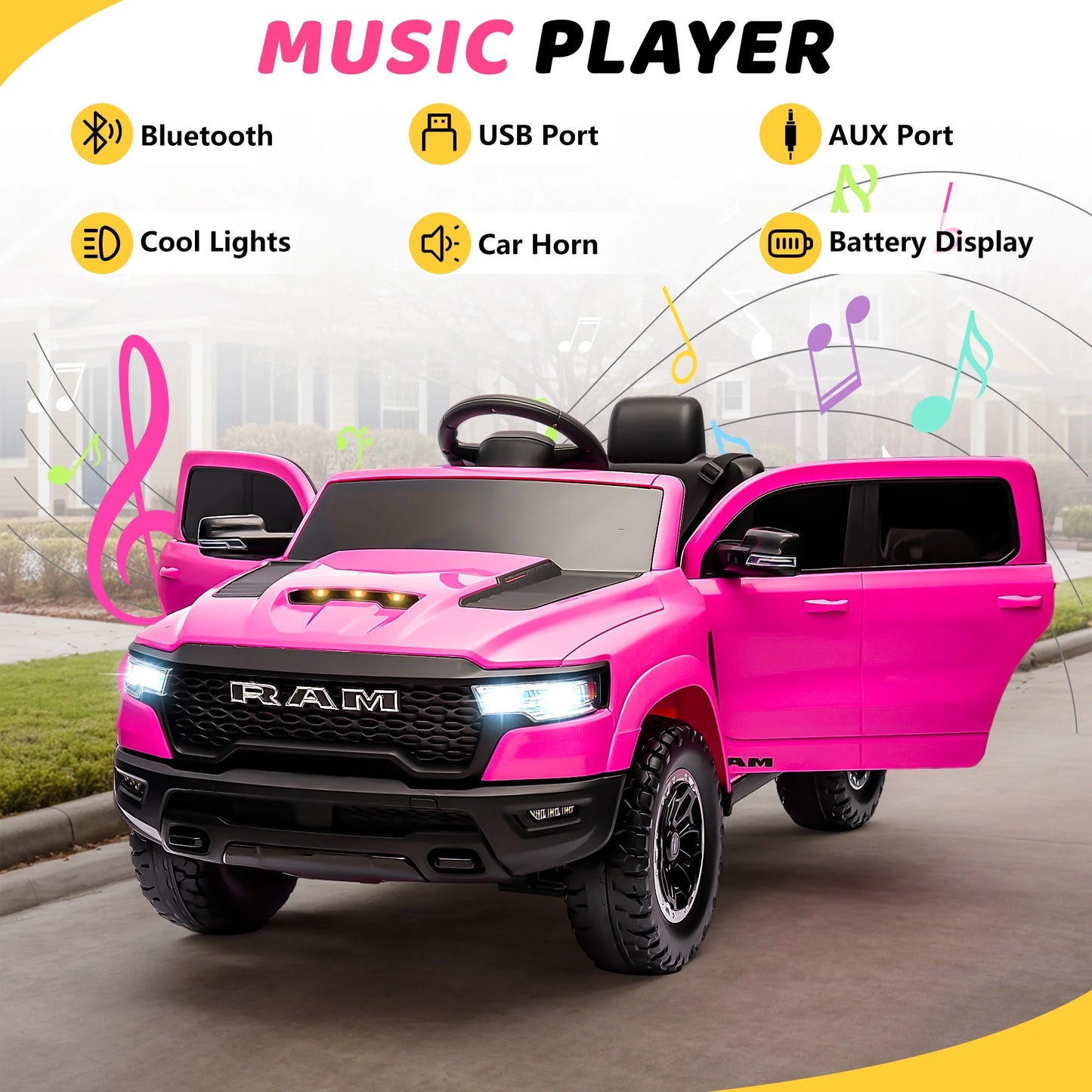 RAM 1500 Ride on Car Toy for Kids, 12V Powered Ride on Truck Toy with Remote Control, 4 Wheel Suspension, 5 Point Safety Belt, Music, Bluetooth, LED Lights, Electric Cars for 3-5 Yrs Boy Girl, Pink