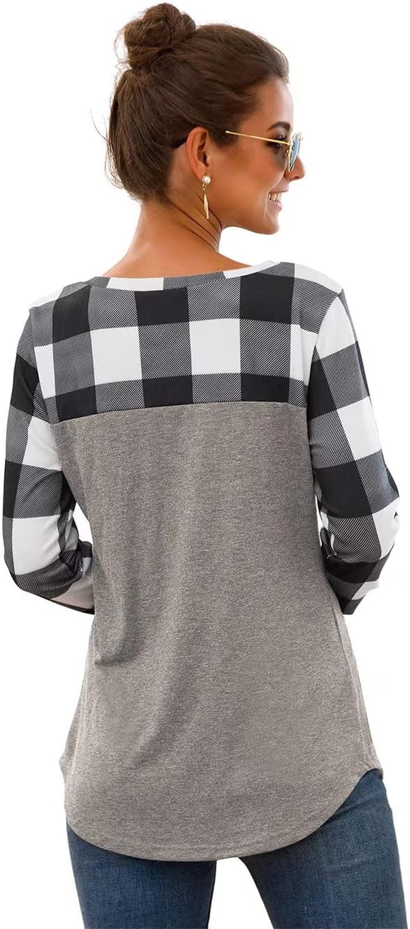 Womens Buffalo Plaid Neck Long Sleeve Patchwork Blouse Top Curve Hem Tunic