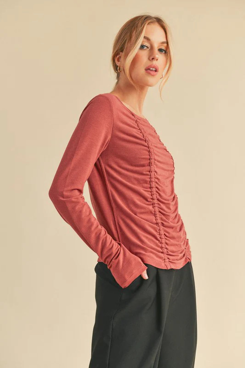 Aemi+Co Ruched Front round Neck Long Sleeve T-Shirt