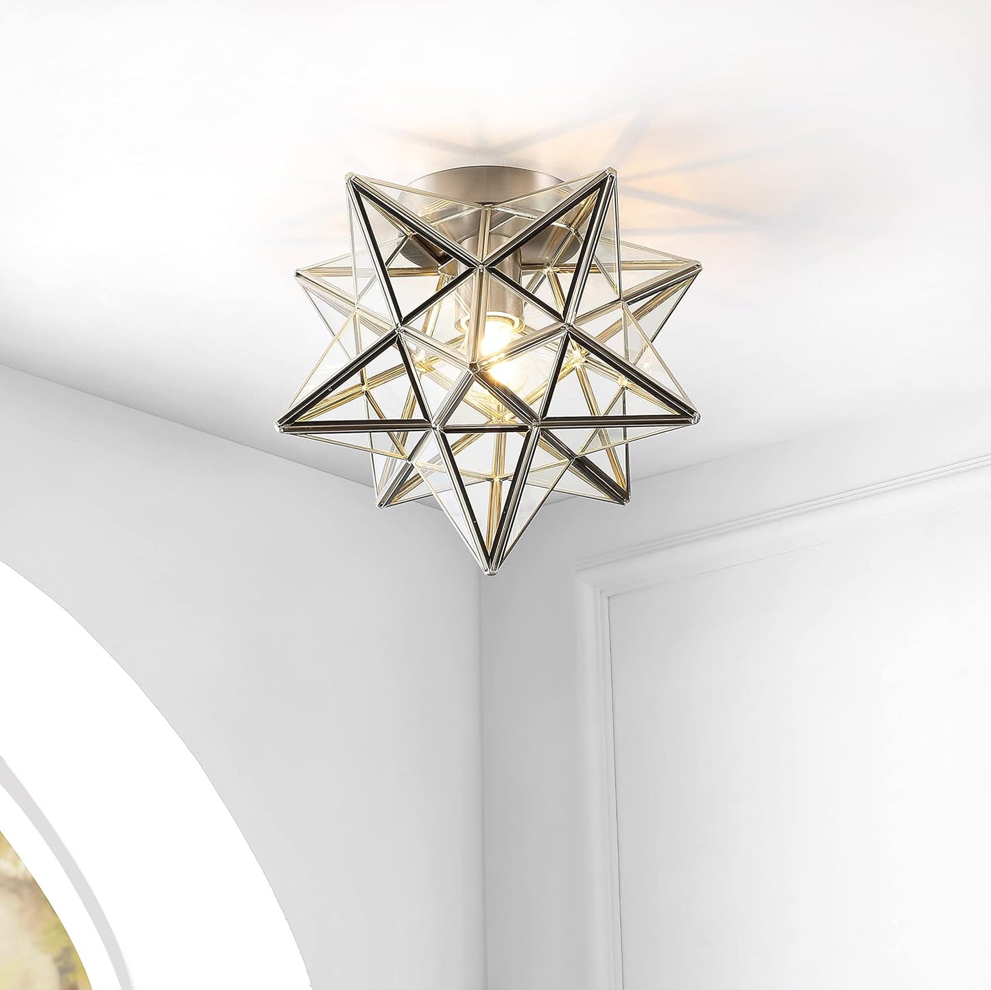 JYL9035E Stella 12" Moravian Star Metal/Glass LED Flush Mount, Contemporary, Transitional, Glam, Office, Living Room, Family Room, Dining Room, Kitchen, Bedroom, Hallway, Foyer, Nickel