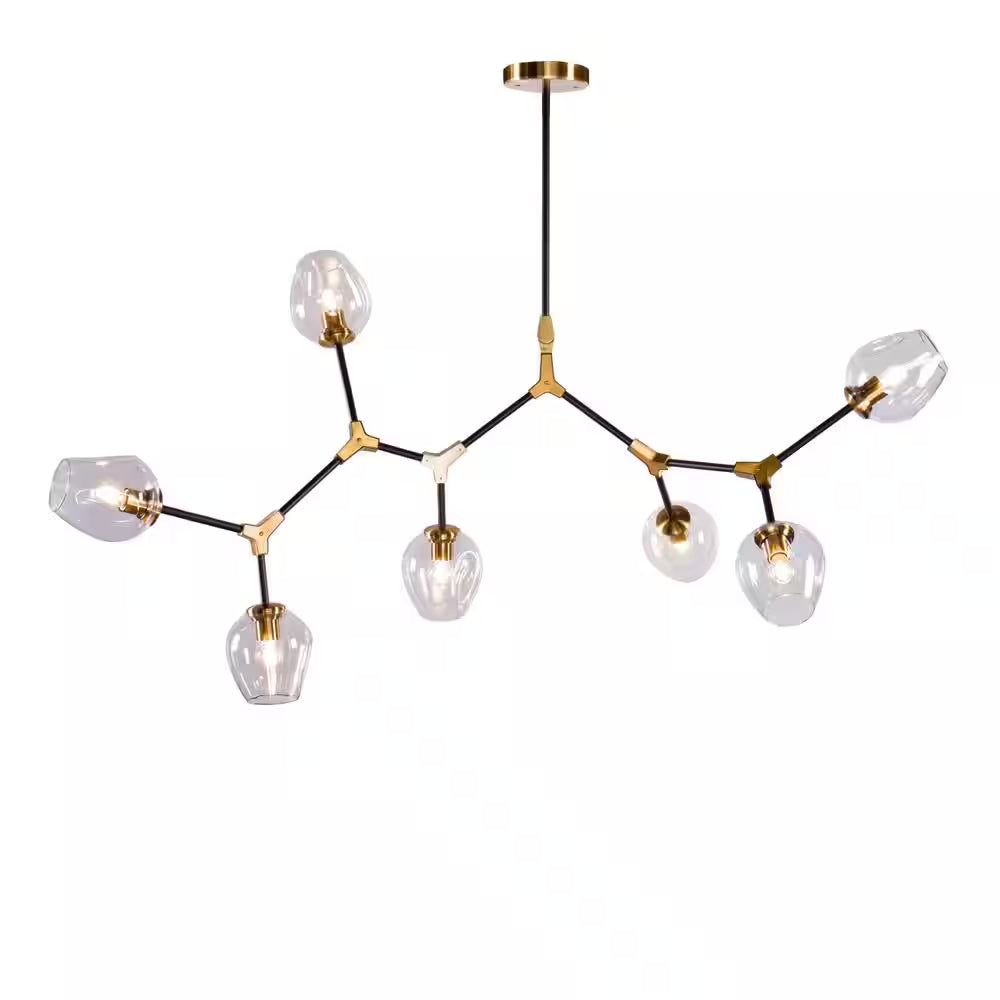 7-Lights Black and Brass Modern Linear Sputnik Chandelier with Clear Glass Shade