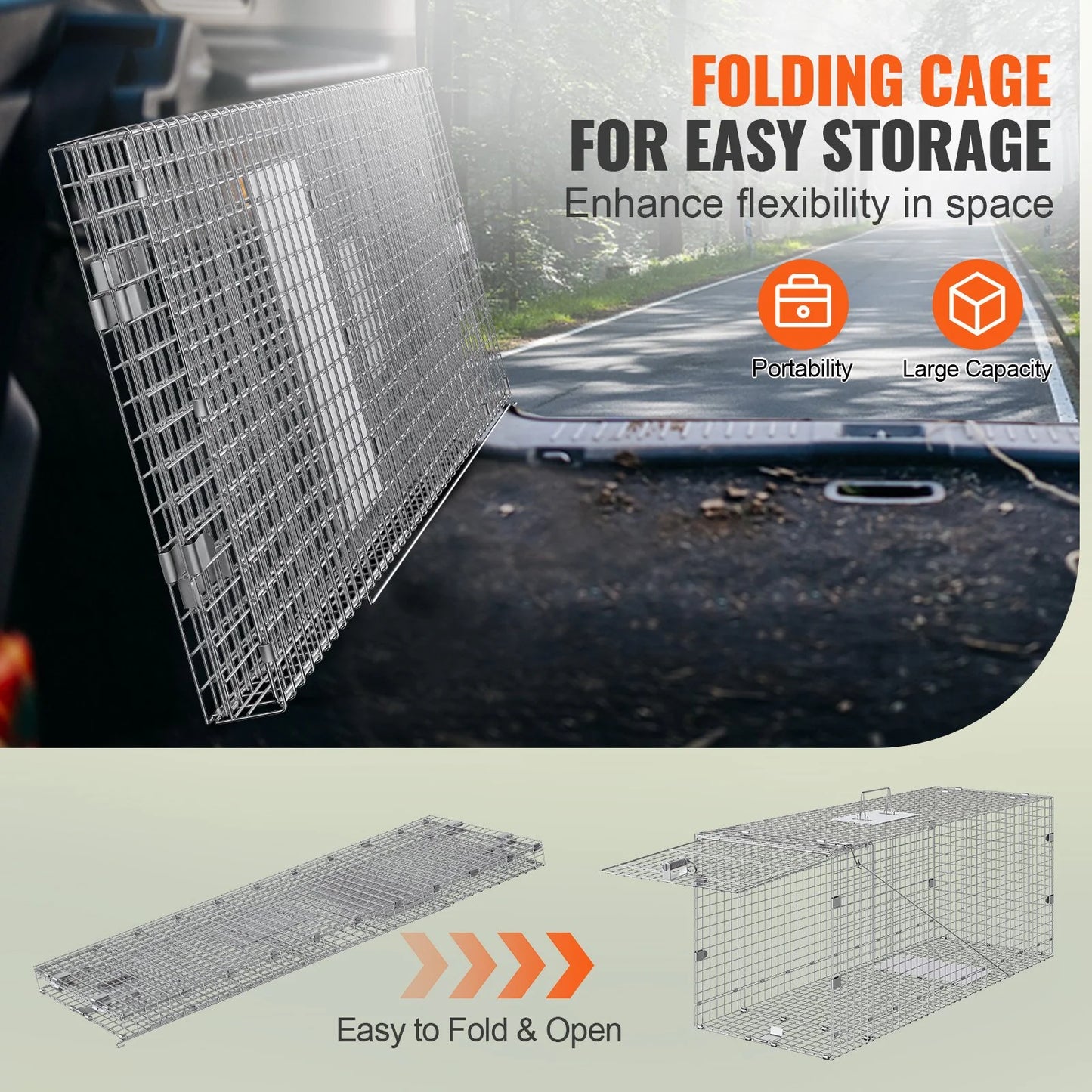 VEVOR Live Animal Cage Trap, 50 X 20 X 26 Humane Cat Trap Galvanized Iron, Folding Animal Trap with Handle for Stray Dogs, Armadillos, Raccoons, Marmots, Foxes