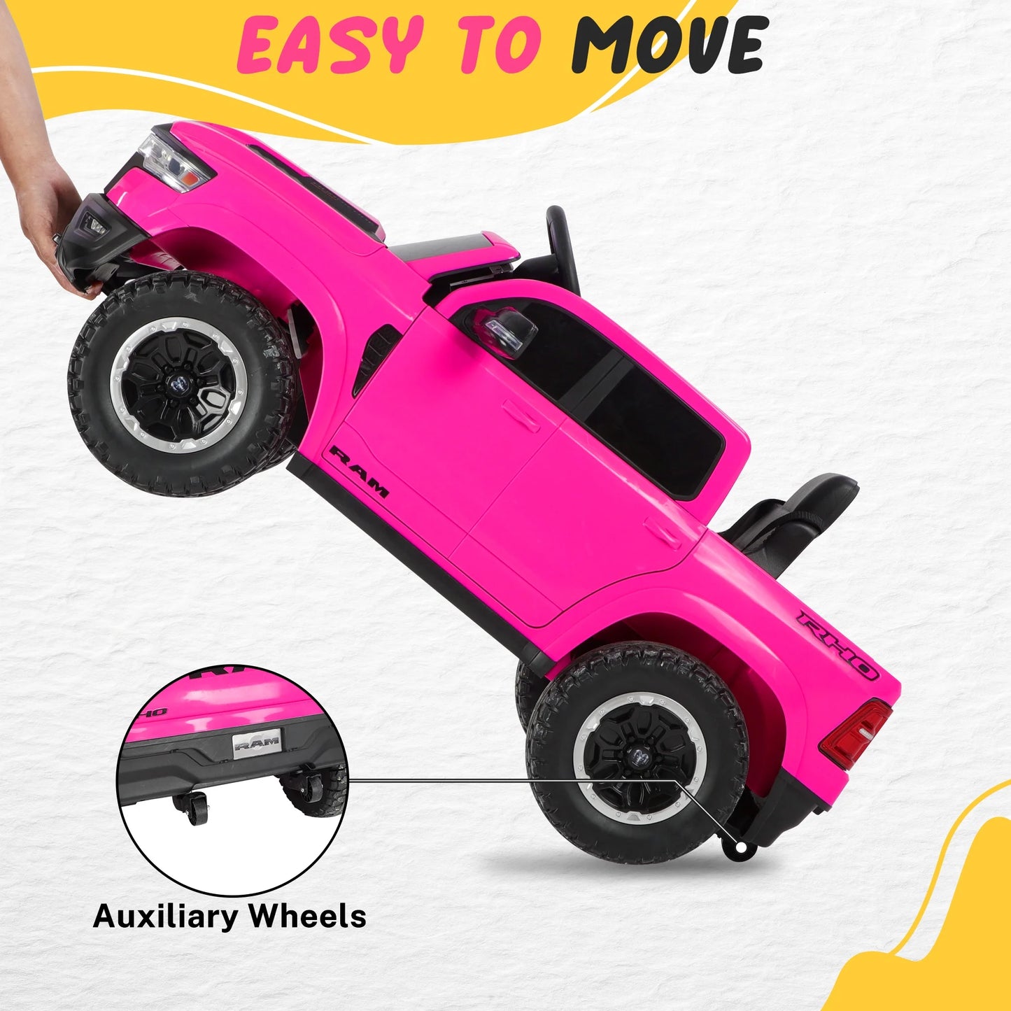 RAM 1500 Ride on Car Toy for Kids, 12V Powered Ride on Truck Toy with Remote Control, 4 Wheel Suspension, 5 Point Safety Belt, Music, Bluetooth, LED Lights, Electric Cars for 3-5 Yrs Boy Girl, Pink