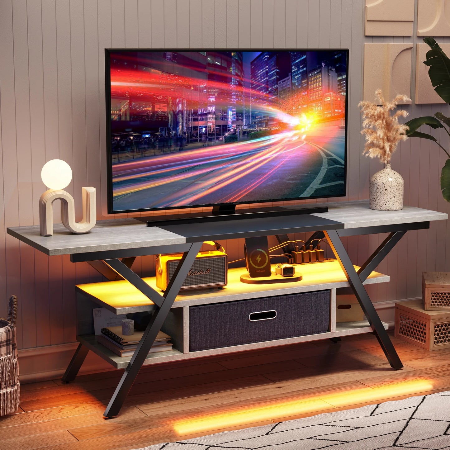 55" TV Stand with Power Outlets Gaming Entertainment Center with LED Light, Wash White