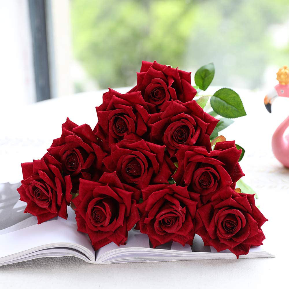 12 Flores Artificiales Rosas De Seda Ramo De Novia Nupcial Falso, Rojo Oscuro