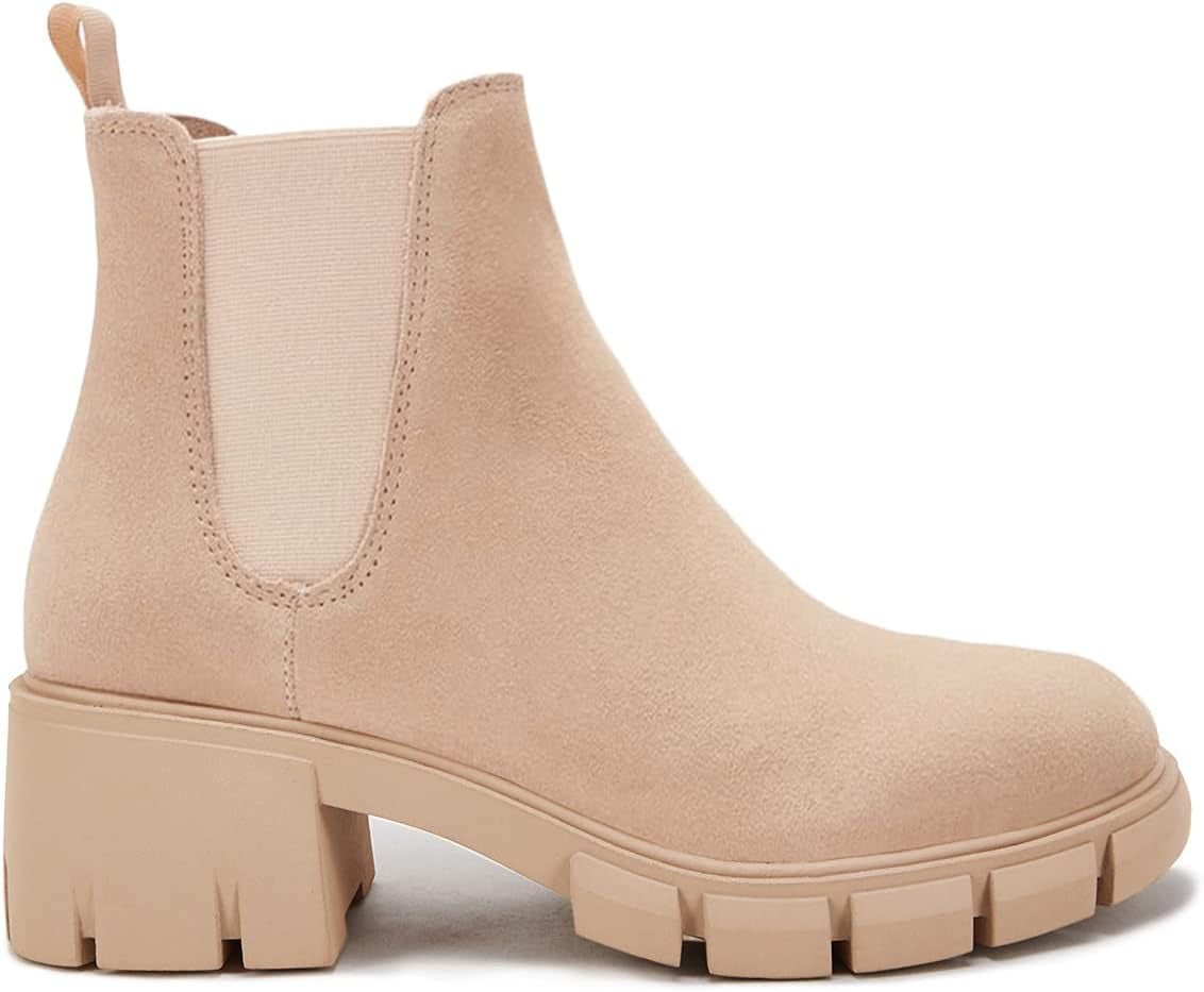 Womens Lug Sole Platform Ankle Booties Chelsea Slip on Chunky Block Heel Leather Combat Boots