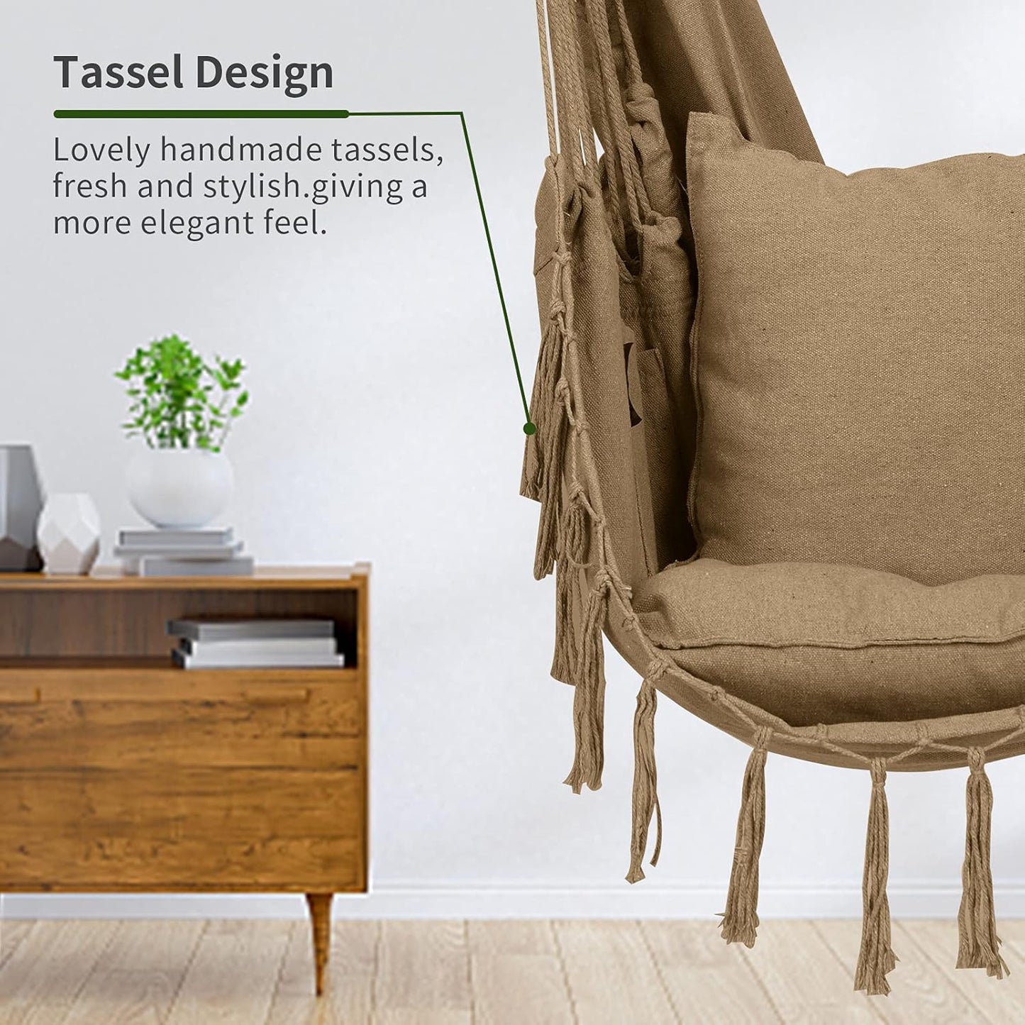 Hammock Hanging Chair Macrame Hanging Chair for Porch and Balcony Cotton Ropes Swing Chair with Cushion and Hardware Kits (59 X 47 X 56 Inches) Brown