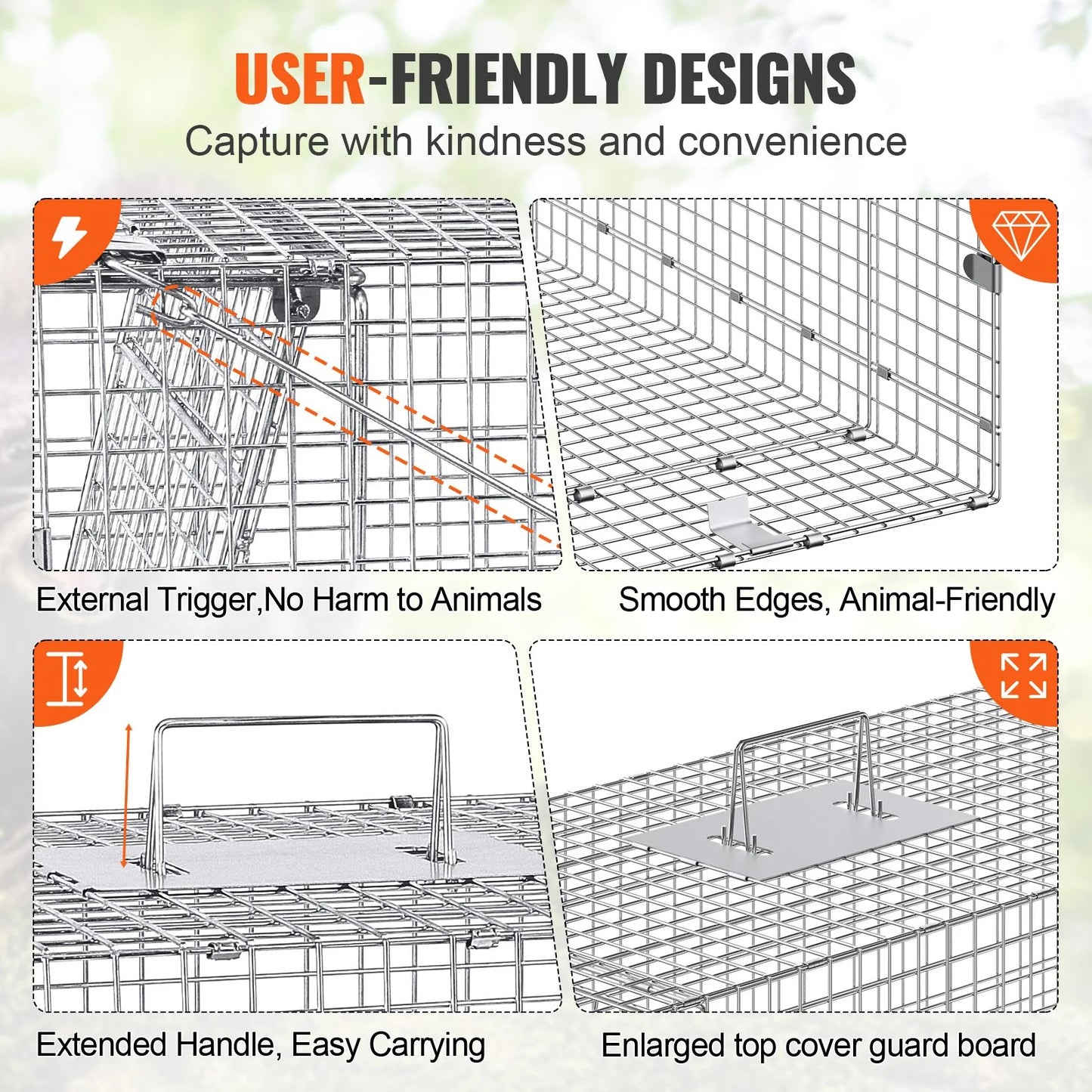 VEVOR Live Animal Cage Trap, 50 X 20 X 26 Humane Cat Trap Galvanized Iron, Folding Animal Trap with Handle for Stray Dogs, Armadillos, Raccoons, Marmots, Foxes