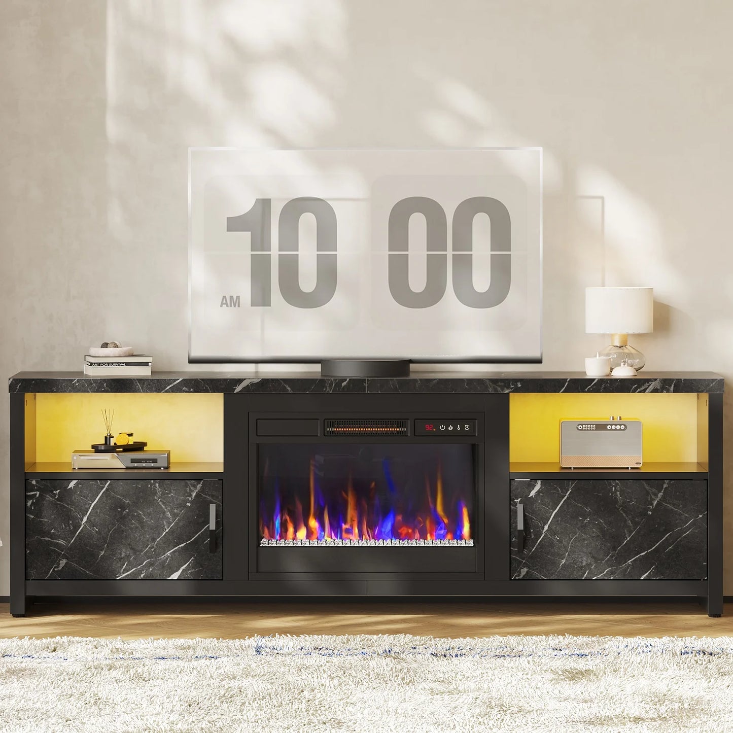 71 Inch Electric Fireplace TV Stand for Tvs up to 75", Modern Entertainment Center with LED Lights, Black Marble