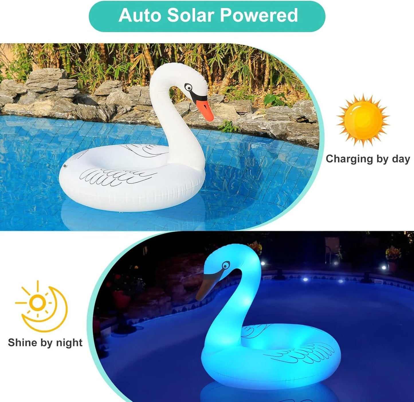 Solar-Powered White Swan Pool Float - 36" Inflatable LED Light-Up Pool Float for Adults & Kids, Eco-Friendly PVC, Quick Inflation, Color-Changing Night Lights for Pool Parties & Beach Fun