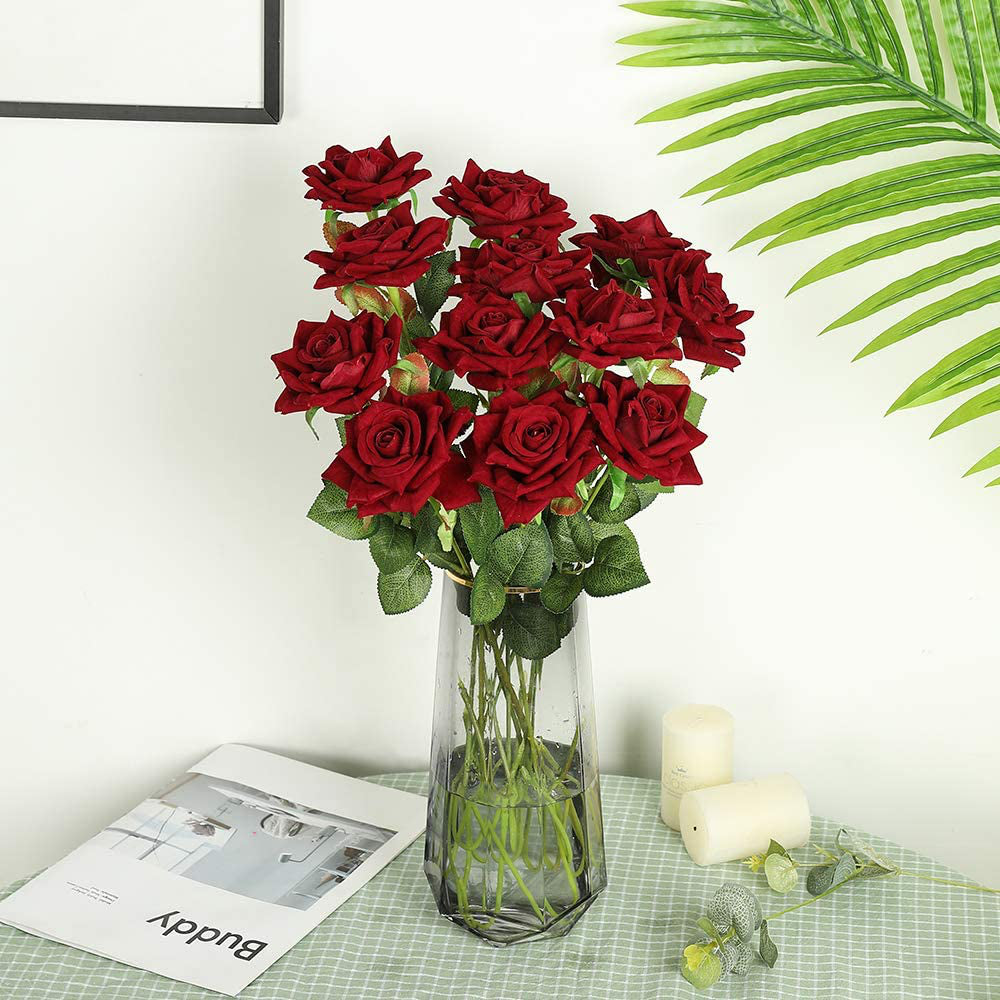 12 Flores Artificiales Rosas De Seda Ramo De Novia Nupcial Falso, Rojo Oscuro