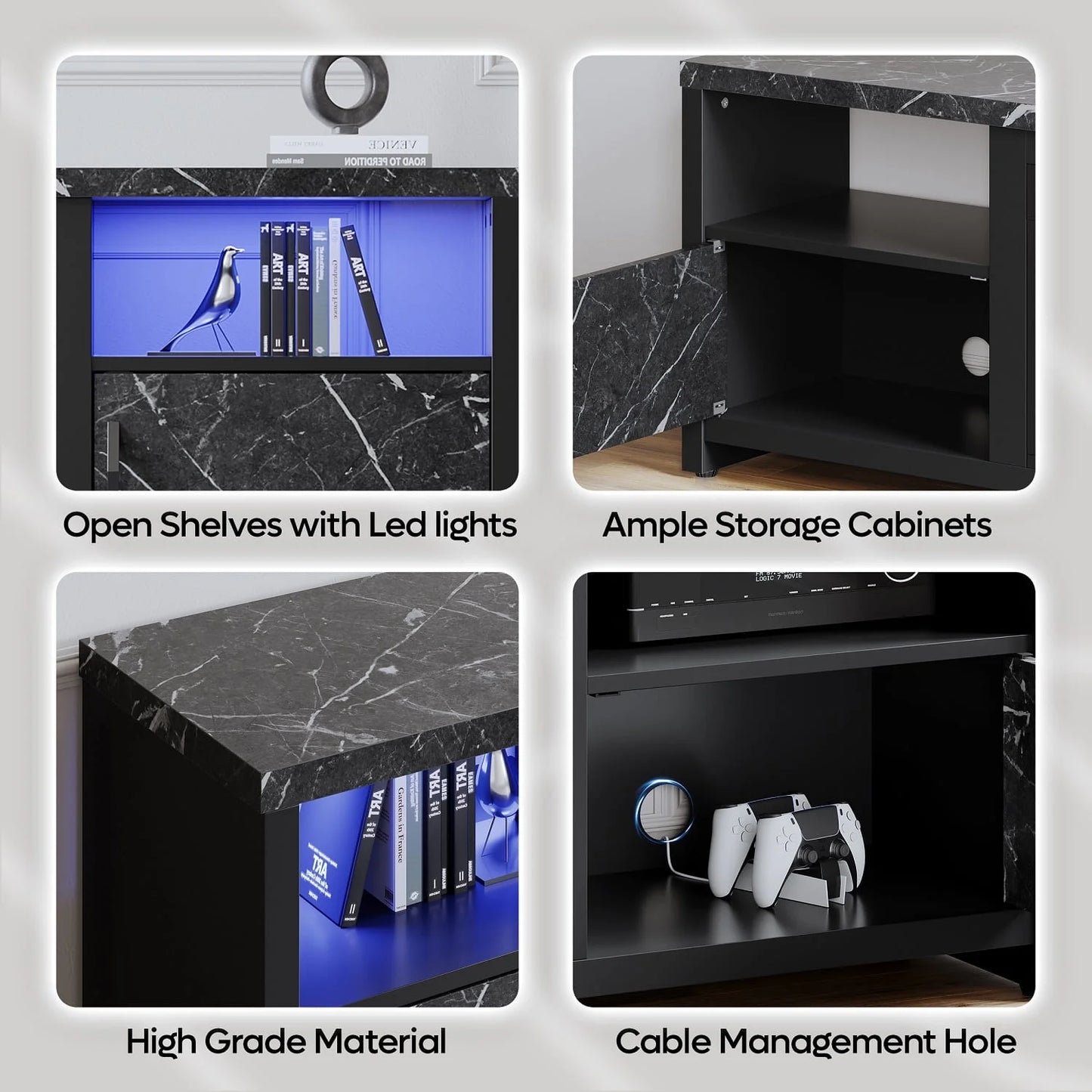 71 Inch Electric Fireplace TV Stand for Tvs up to 75", Modern Entertainment Center with LED Lights, Black Marble