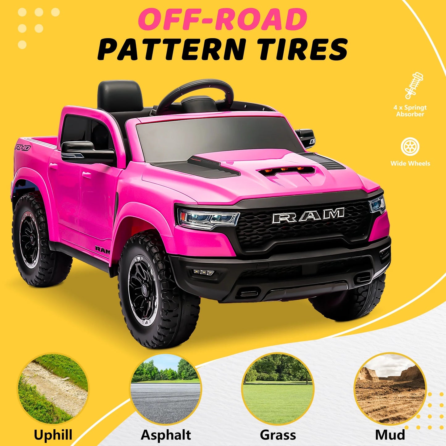 RAM 1500 Ride on Car Toy for Kids, 12V Powered Ride on Truck Toy with Remote Control, 4 Wheel Suspension, 5 Point Safety Belt, Music, Bluetooth, LED Lights, Electric Cars for 3-5 Yrs Boy Girl, Pink