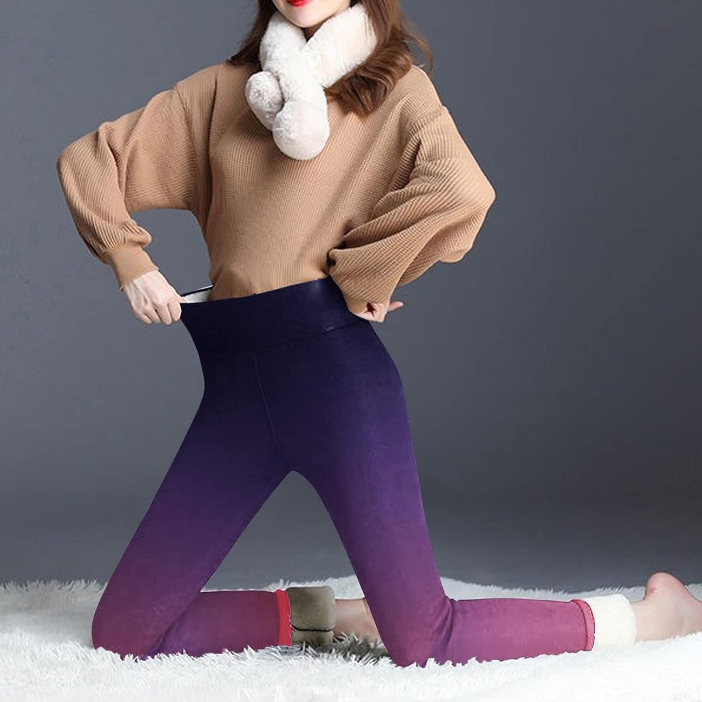 Fleece Lined Leggings Women, Christmas Elastic All-Match Warm Slim Long Boot Pants Leggings Running Sport Pants Purple, XXL