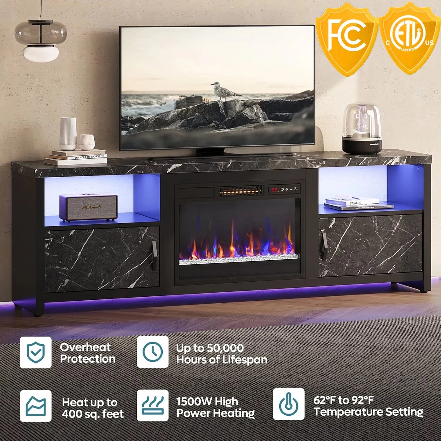 71 Inch Electric Fireplace TV Stand for Tvs up to 75", Modern Entertainment Center with LED Lights, Black Marble