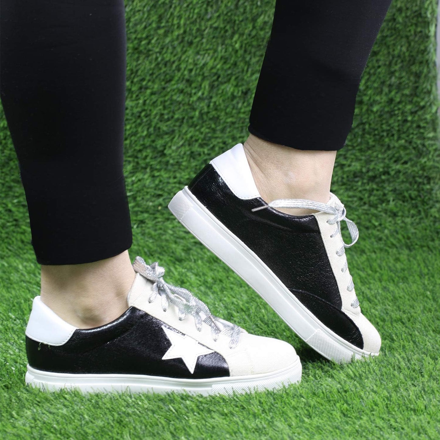 Women'S Skate Lace up Tennis Shoes Fashion Sneakers Casual Sport Flat Shoes DL Black Metal 10