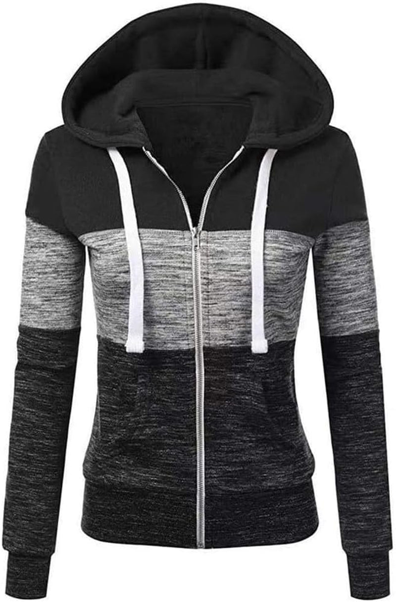 Hoodies for Women Color Block Hooded Sweatshirt Basic Zip-Up Jersey Jacket Long Sleeve Top with Pockets plus Size