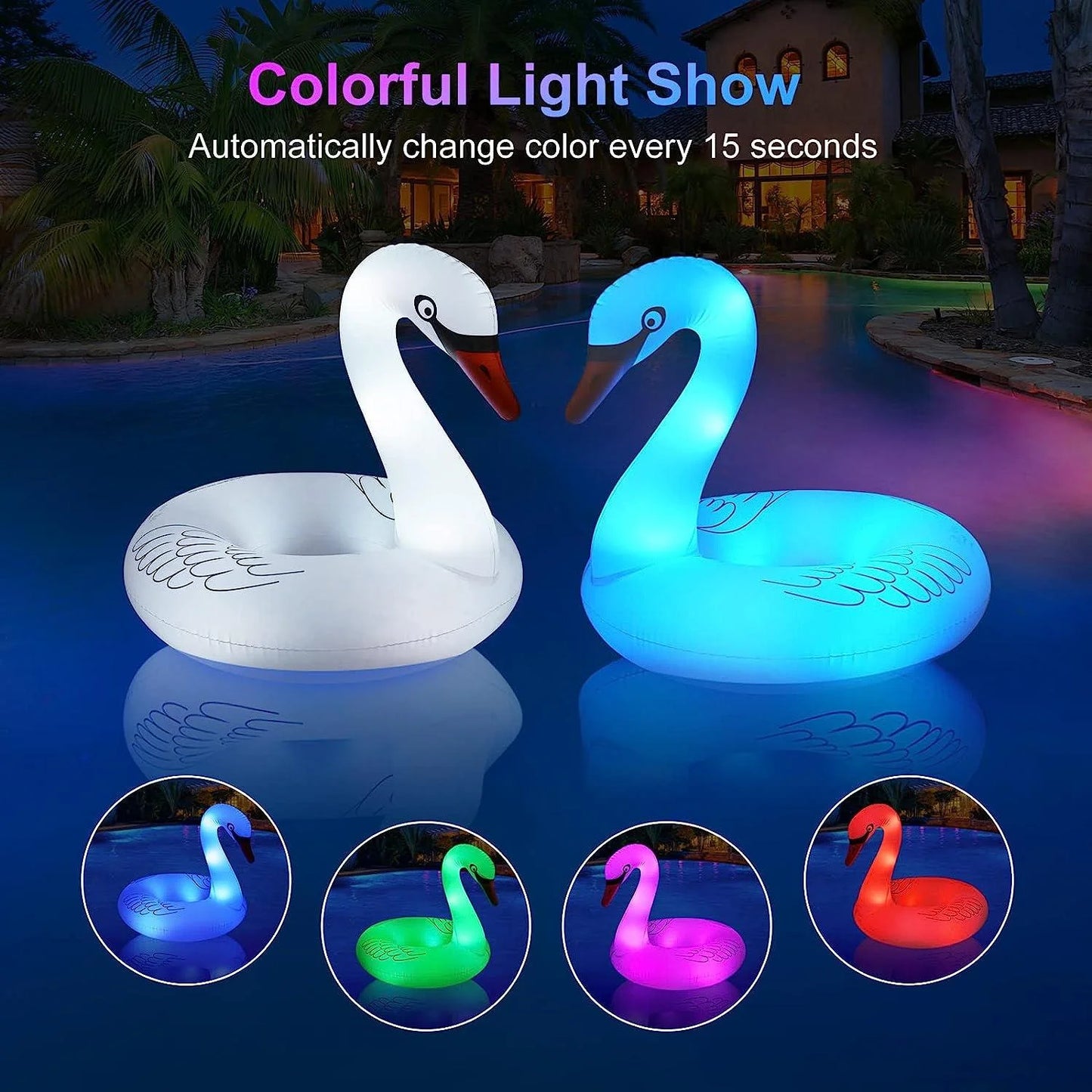 Solar-Powered White Swan Pool Float - 36" Inflatable LED Light-Up Pool Float for Adults & Kids, Eco-Friendly PVC, Quick Inflation, Color-Changing Night Lights for Pool Parties & Beach Fun