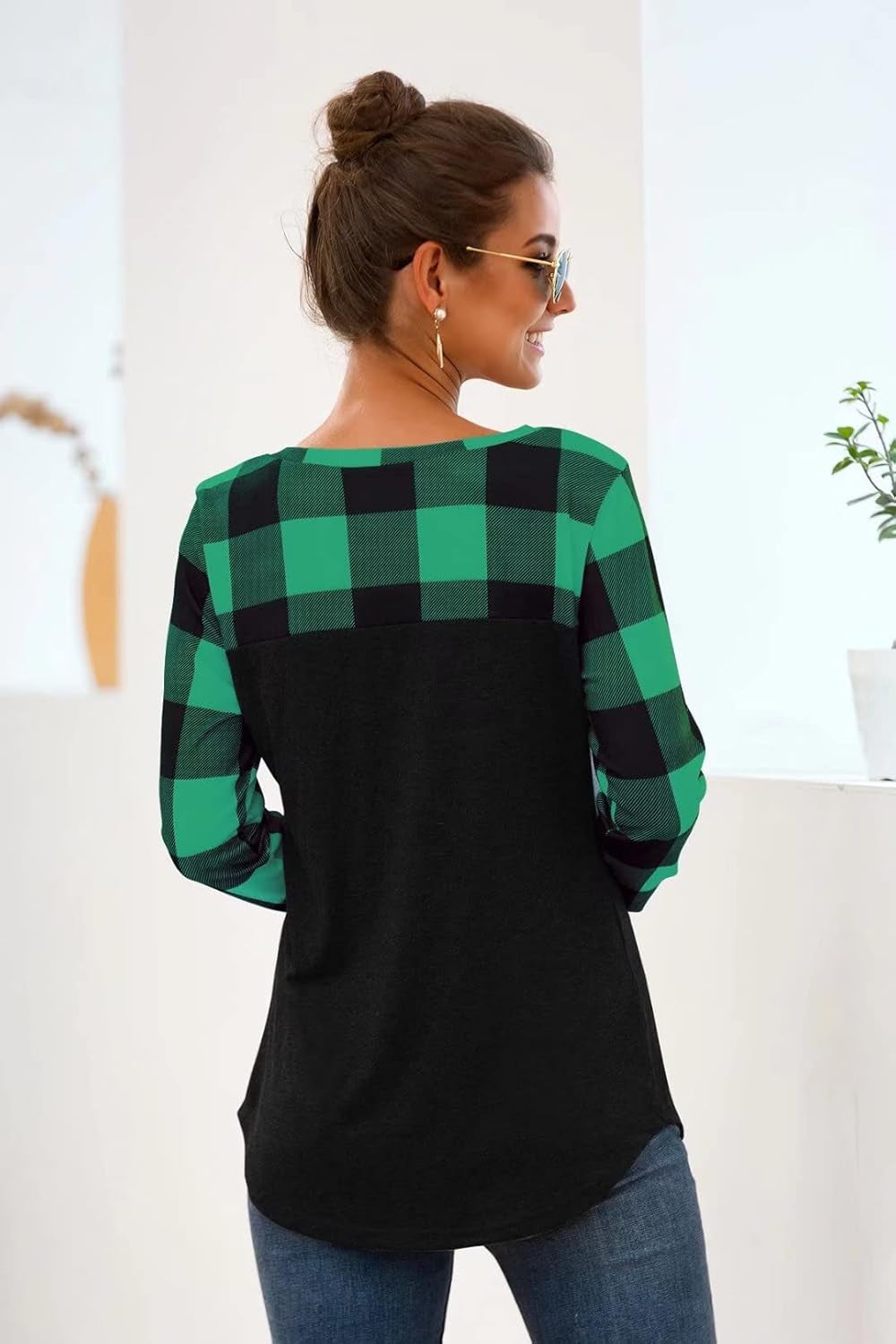 Womens Buffalo Plaid Neck Long Sleeve Patchwork Blouse Top Curve Hem Tunic