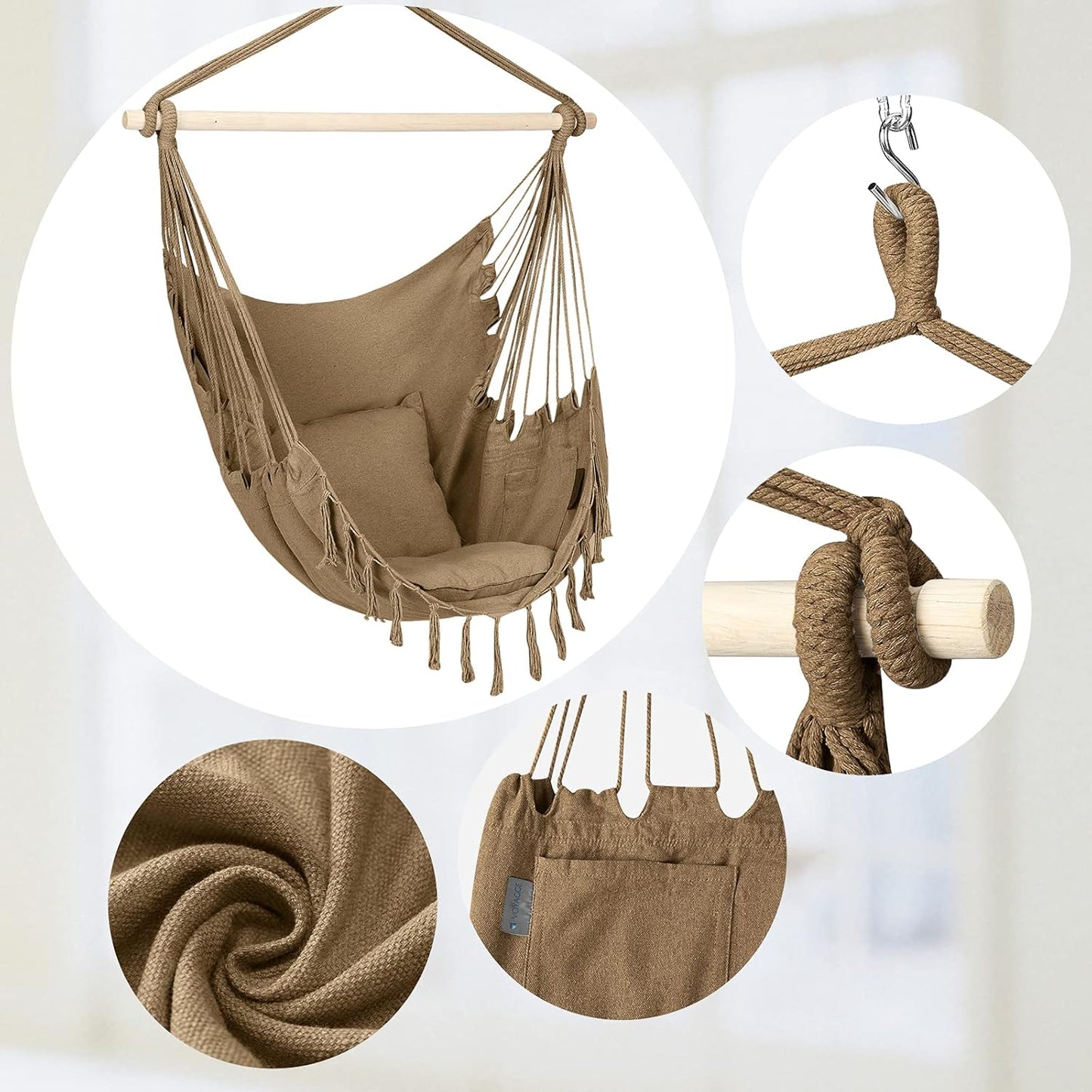 Hammock Hanging Chair Macrame Hanging Chair for Porch and Balcony Cotton Ropes Swing Chair with Cushion and Hardware Kits (59 X 47 X 56 Inches) Brown