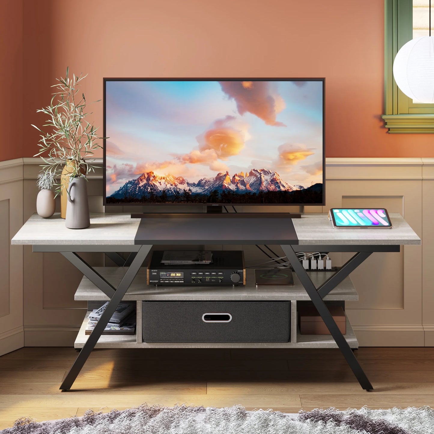 55" TV Stand with Power Outlets Gaming Entertainment Center with LED Light, Wash White