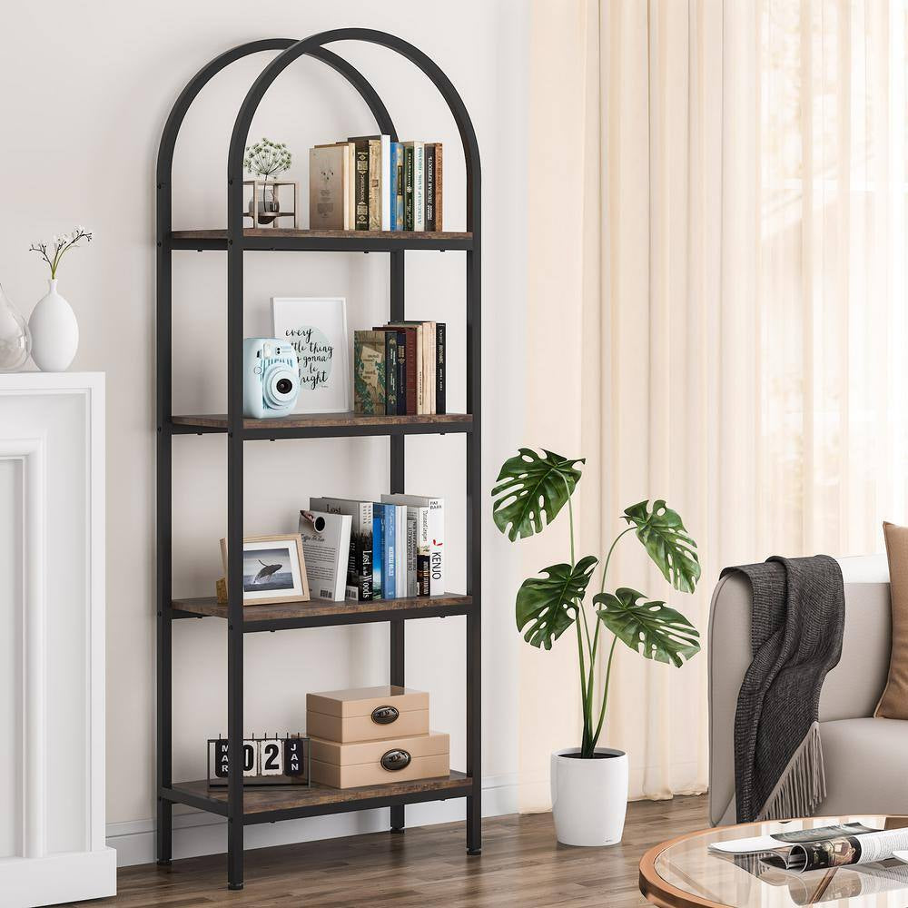 Jannelly 23.62 In. Brown Wood and Black Metal 4Tier Radial Corner Shelves Bookcase Storage Rack Plant Stand