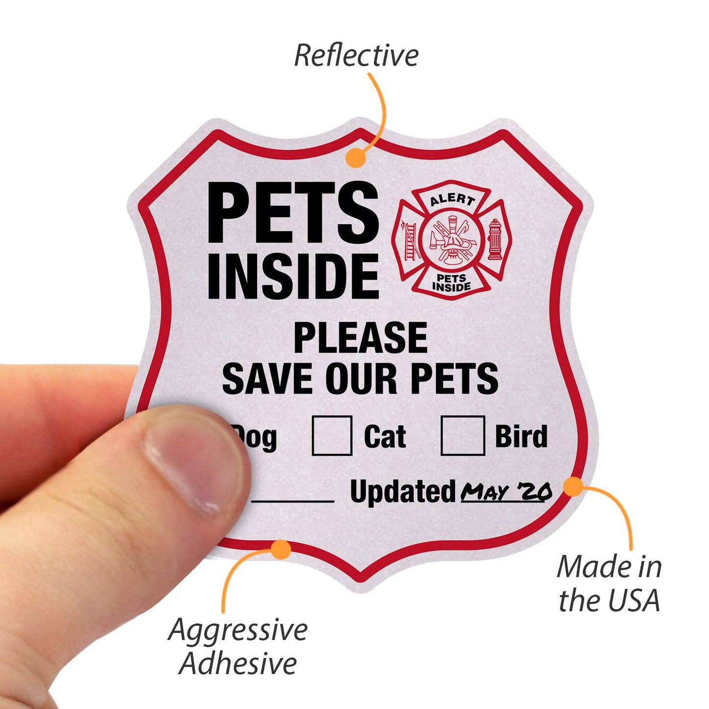 “Please save Our Pets” Pets inside Decal Set | Six Pack of 2.75" X 2.75" Engineer Grade Reflective Adhesive Labels, Made in USA