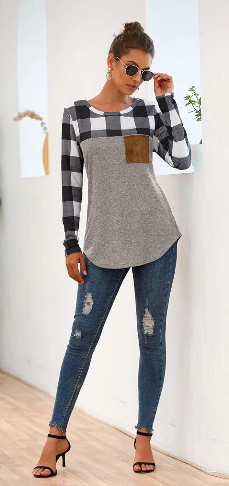 Womens Buffalo Plaid Neck Long Sleeve Patchwork Blouse Top Curve Hem Tunic