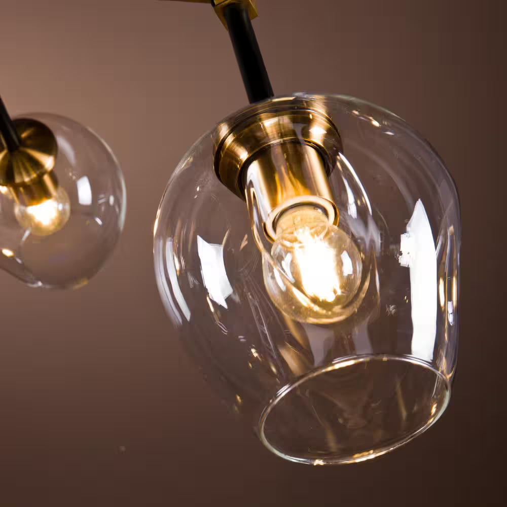 7-Lights Black and Brass Modern Linear Sputnik Chandelier with Clear Glass Shade