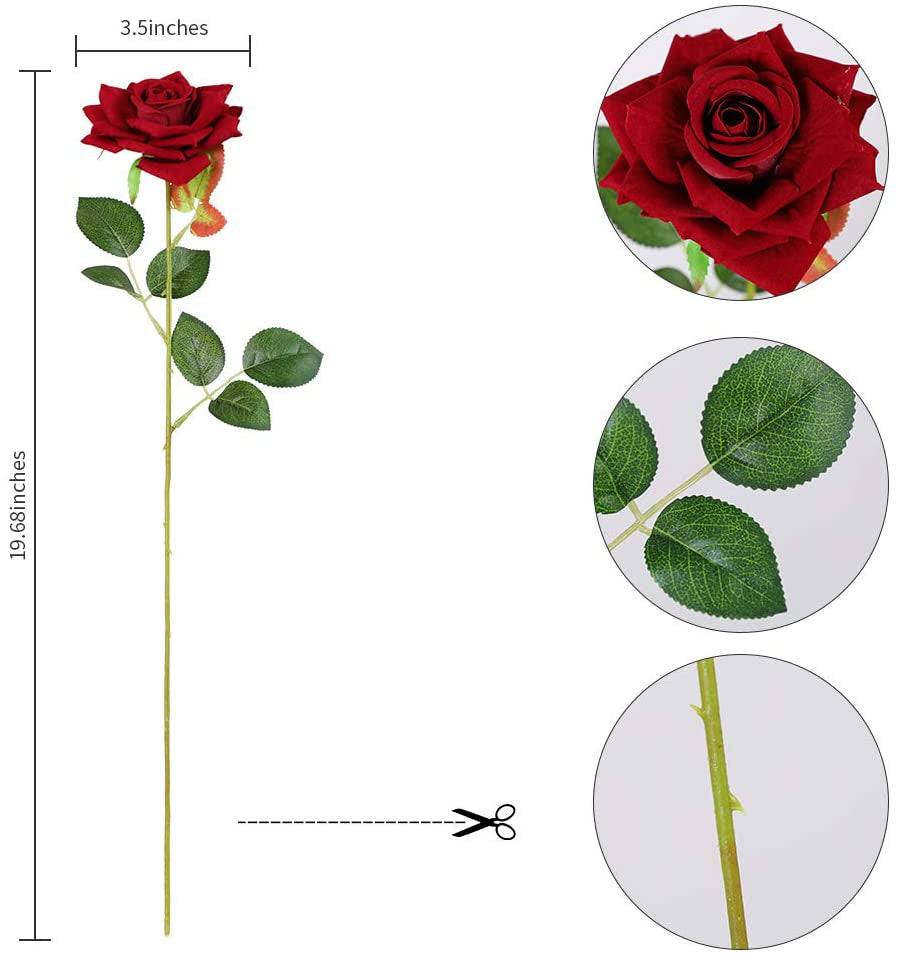 12 Flores Artificiales Rosas De Seda Ramo De Novia Nupcial Falso, Rojo Oscuro