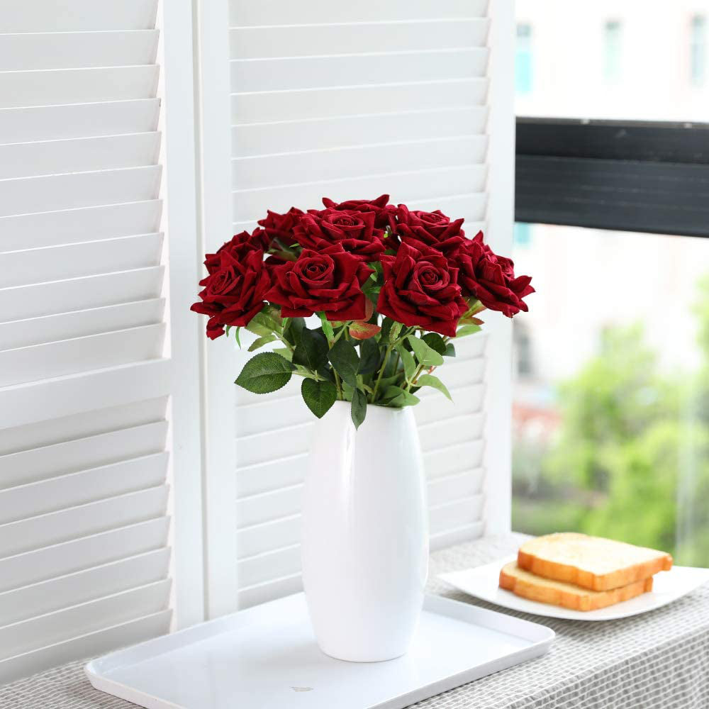 12 Flores Artificiales Rosas De Seda Ramo De Novia Nupcial Falso, Rojo Oscuro