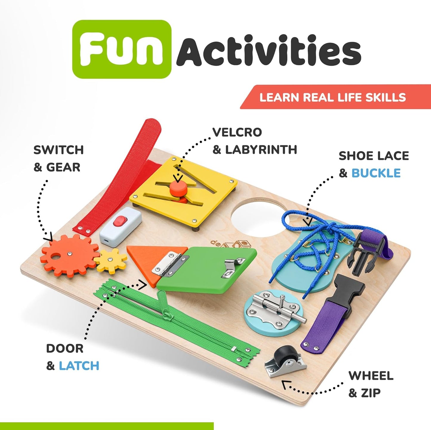Toddler Busy Board, Premium Wooden Montessori Busy Board with 10 Learning Activities for Fine Motor Skills, Sensory Activity Kids Travel Toy, Gift for Boys & Girls
