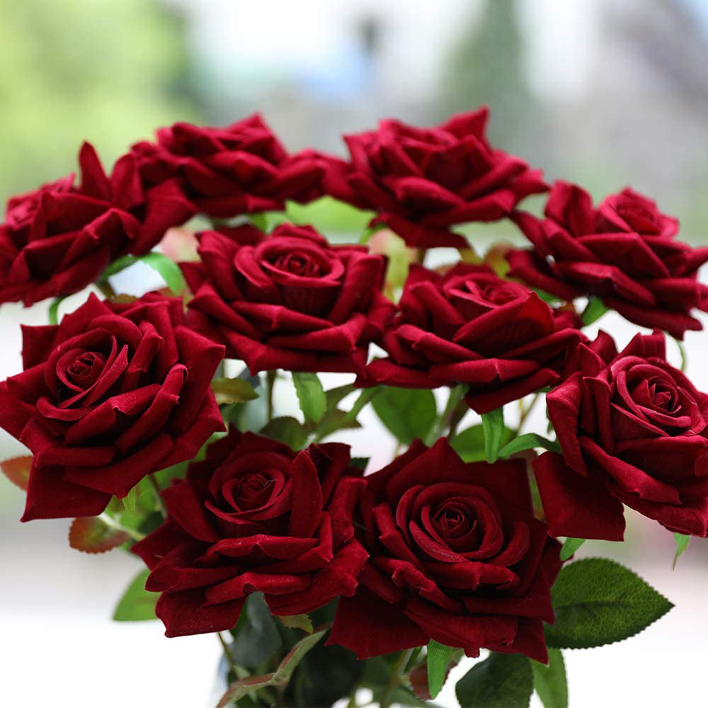12 Flores Artificiales Rosas De Seda Ramo De Novia Nupcial Falso, Rojo Oscuro