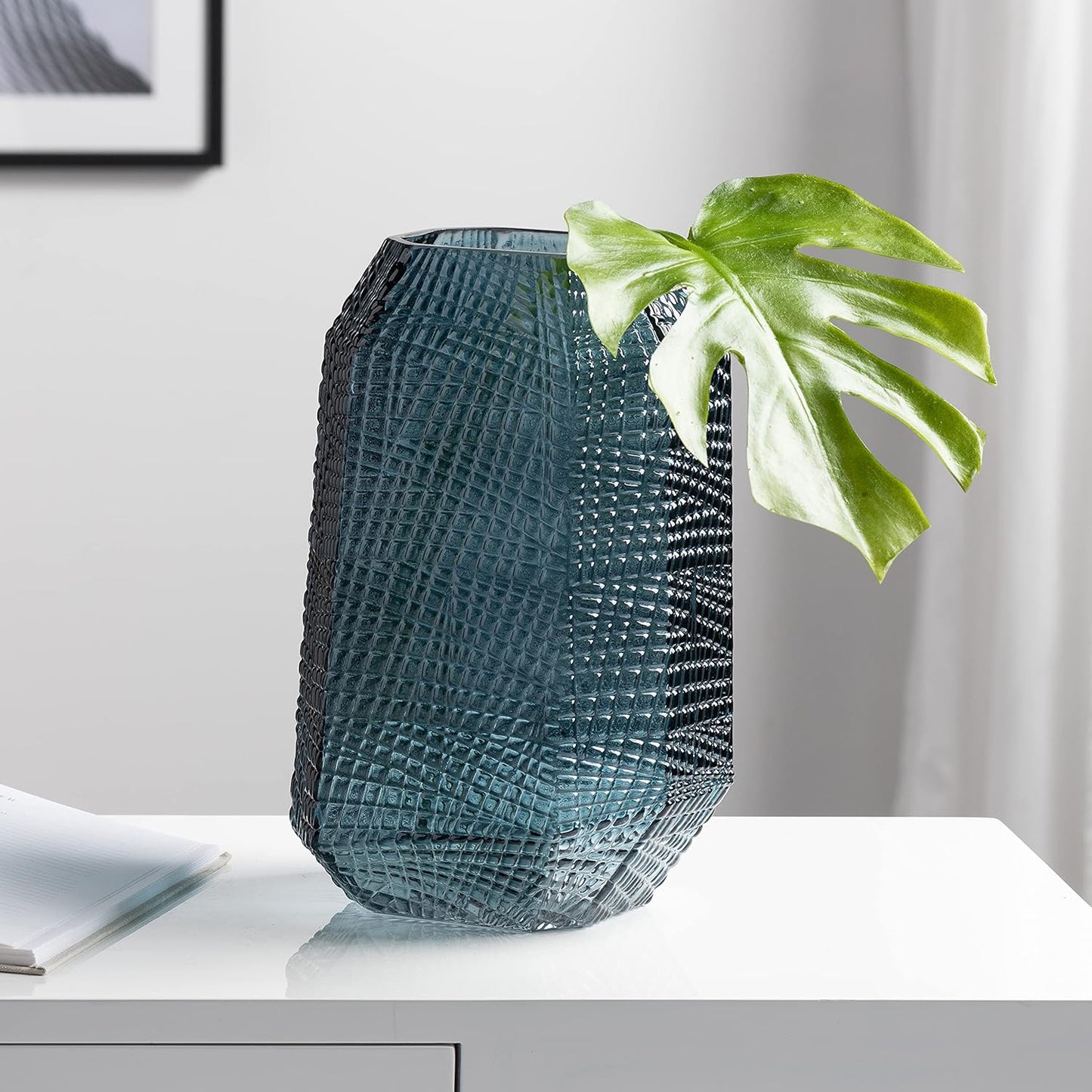 Soto Angle Cut Etched Glass Mid Century Modern Vase (11.5-Inch Height, Atlantic Ocean Blue)