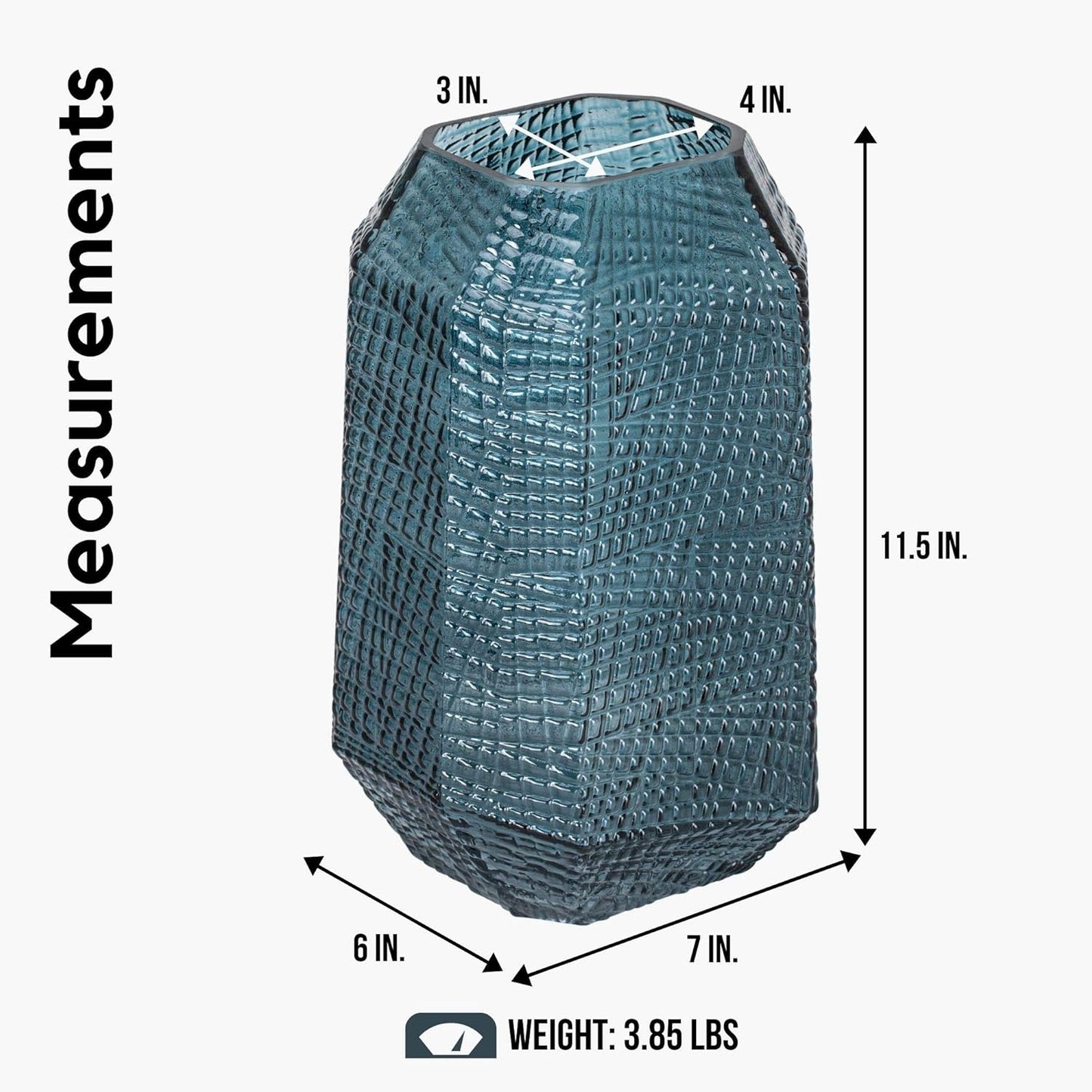 Soto Angle Cut Etched Glass Mid Century Modern Vase (11.5-Inch Height, Atlantic Ocean Blue)