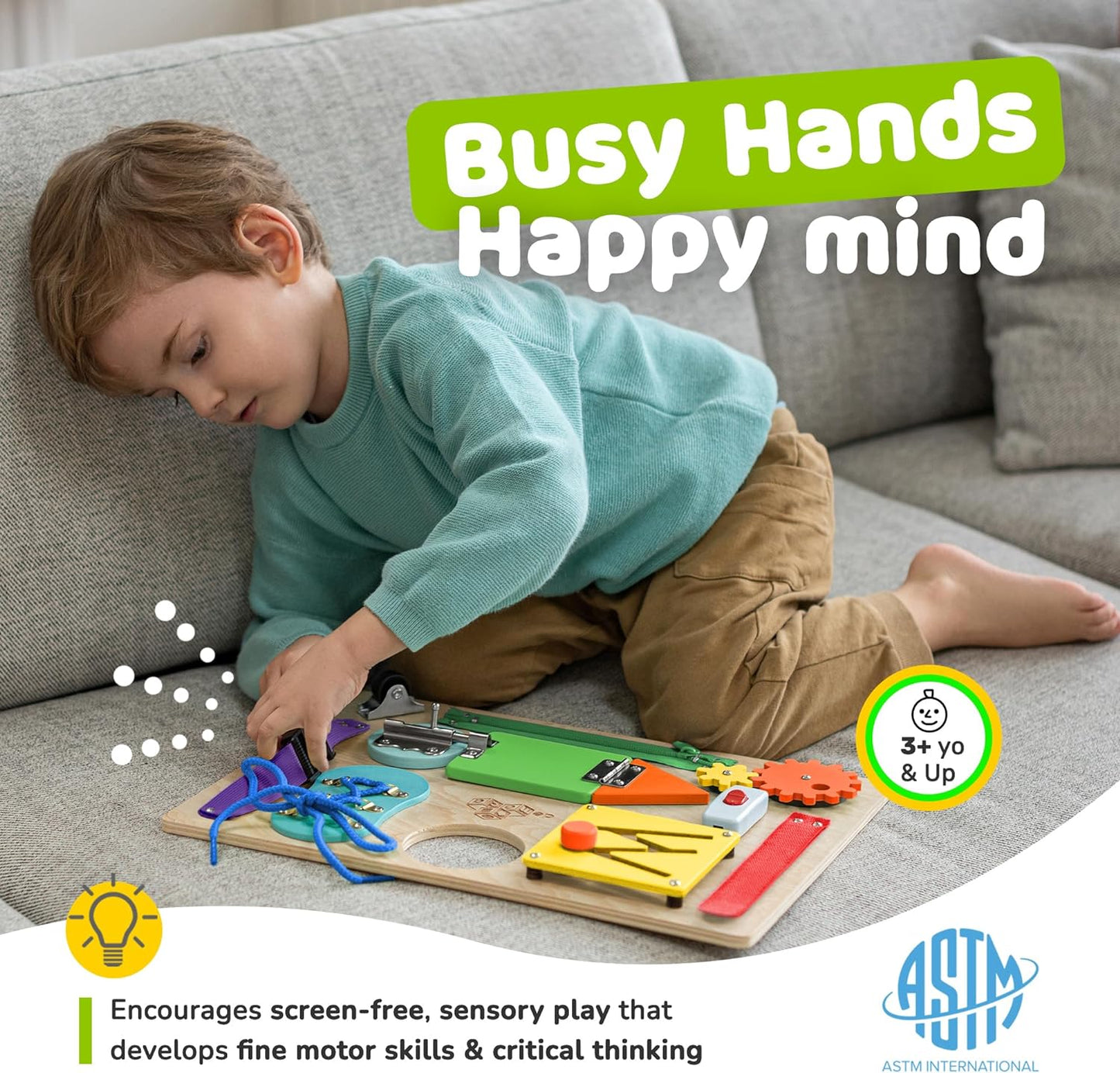 Toddler Busy Board, Premium Wooden Montessori Busy Board with 10 Learning Activities for Fine Motor Skills, Sensory Activity Kids Travel Toy, Gift for Boys & Girls