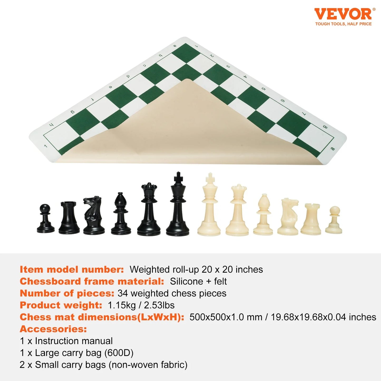 VEVOR Tournament Chess Set, 20 Inch Roll-Up Beginner Chess Board, Foldable Silicone Chess Game with Plastic Weighted Chess Pieces & Storage Bag, Portable Travel Chess Board Gift for Adult Kid Family
