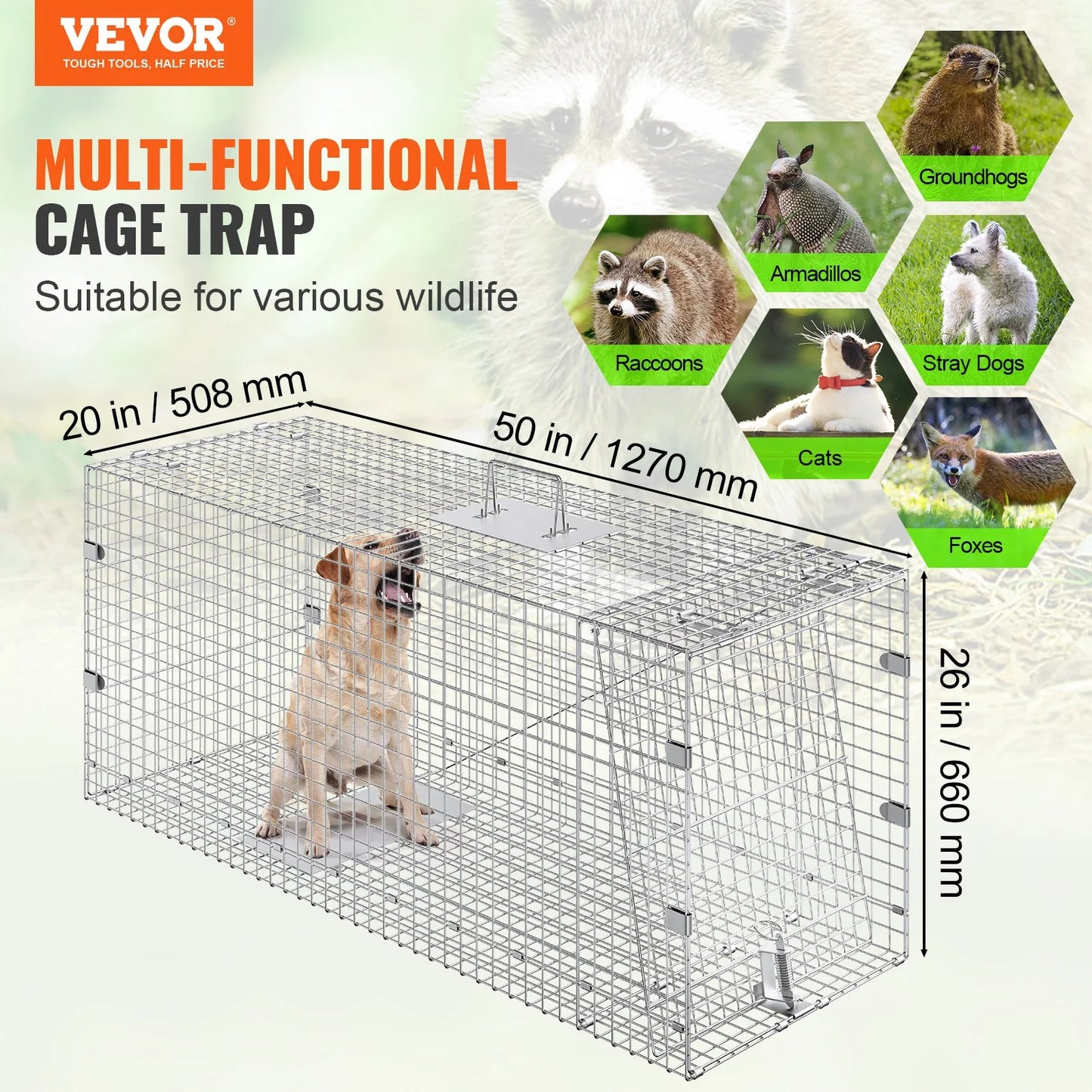 VEVOR Live Animal Cage Trap, 50 X 20 X 26 Humane Cat Trap Galvanized Iron, Folding Animal Trap with Handle for Stray Dogs, Armadillos, Raccoons, Marmots, Foxes