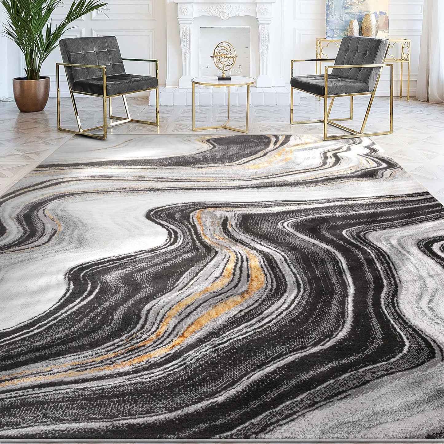 Werrick Grey & Gold Striated Marble Pattern Area Rug (5'3" X 7'3")