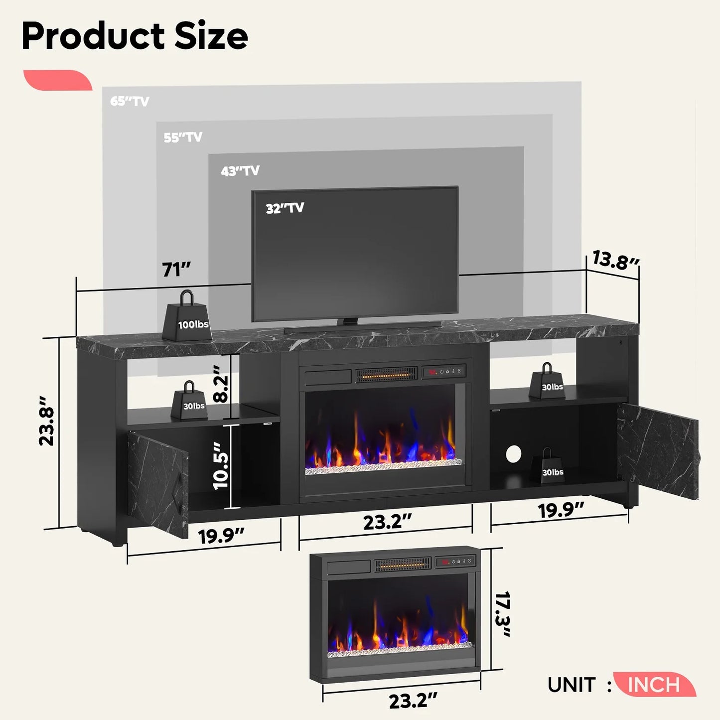 71 Inch Electric Fireplace TV Stand for Tvs up to 75", Modern Entertainment Center with LED Lights, Black Marble