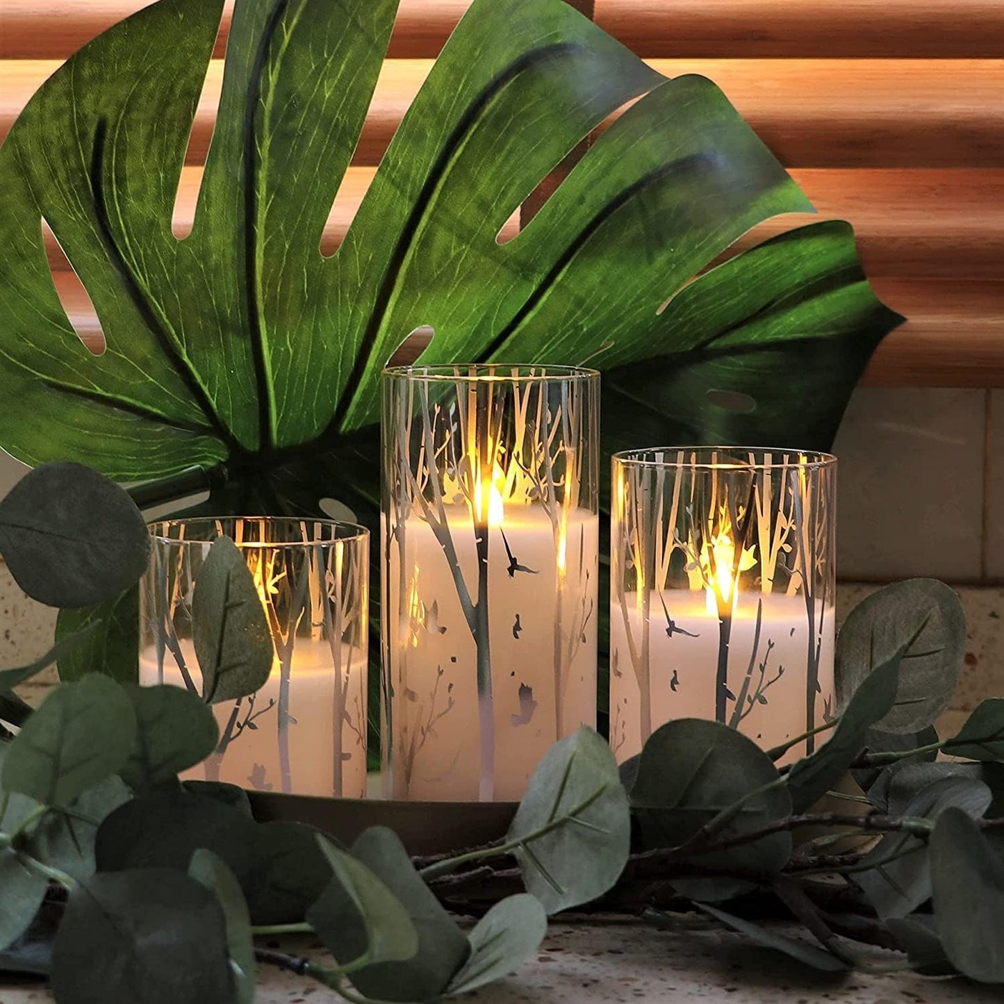 Birch Design Glass Battery Operated LED Candles with Timer, Flameless Pillar Candles Spring & Summer Decor- Include 6 Batteries