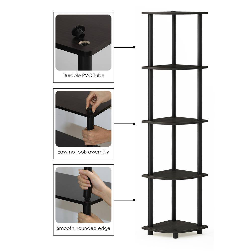 57.7 In. Black/Espresso Plastic 5-Shelf Corner Bookcase with Open Storage