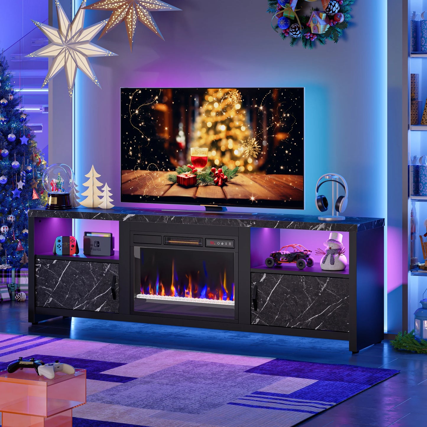 71 Inch Electric Fireplace TV Stand for Tvs up to 75", Modern Entertainment Center with LED Lights, Black Marble