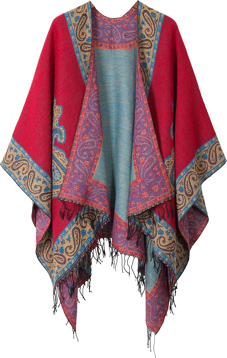 Women’S Retro Warm Shawls Poncho Cape Floral Printed Open Front Cardigans Sweater