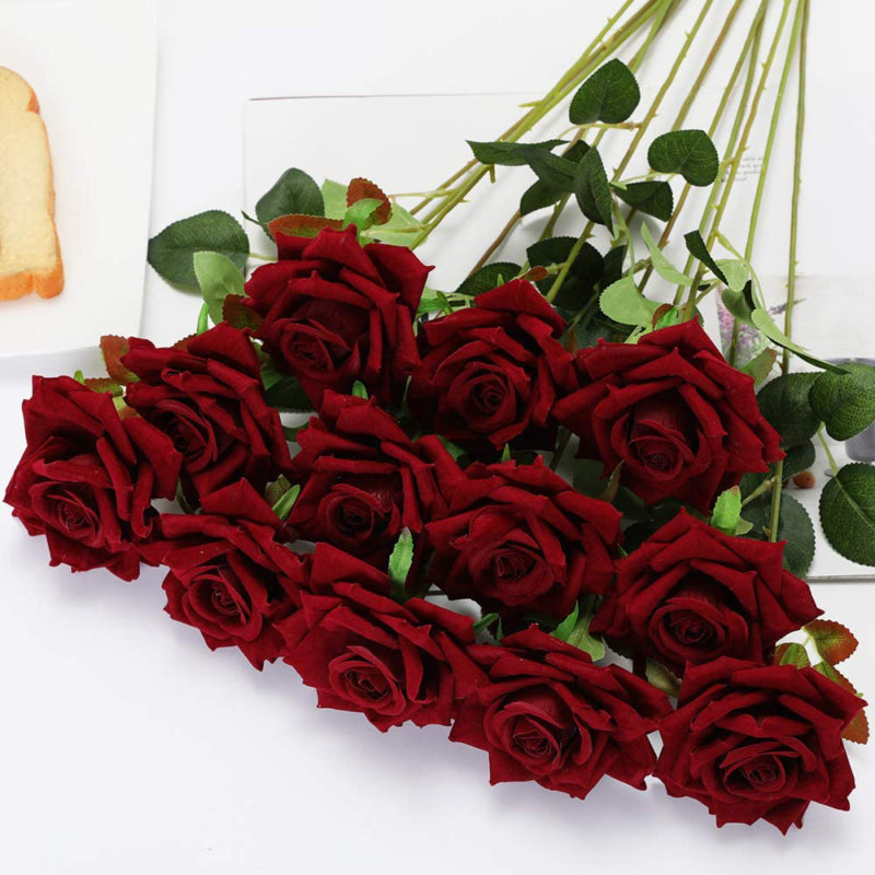 12 Flores Artificiales Rosas De Seda Ramo De Novia Nupcial Falso, Rojo Oscuro