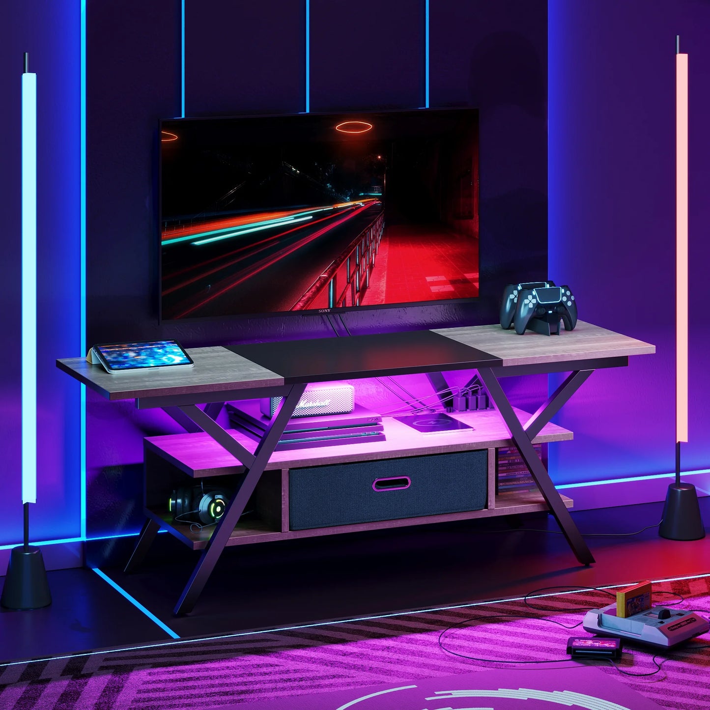 55" TV Stand with Power Outlets Gaming Entertainment Center with LED Light, Wash White